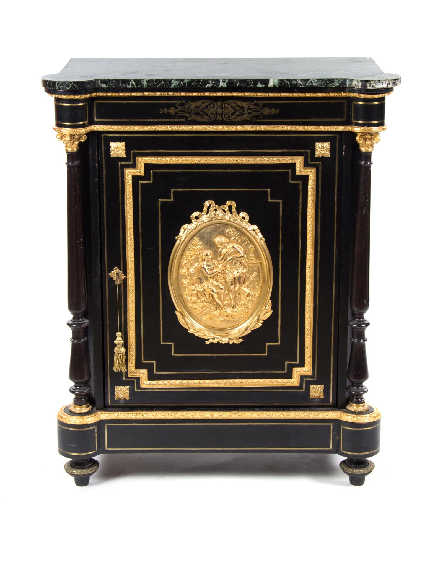 A Napoleon III Gilt Bronze Mounted and Brass Inlaid Ebonized Meuble d'Appui, SECOND HALF 19TH CENTURY, Height 43 1/2 x width 35 x depth — SECOND HALF 19TH CENTURY,