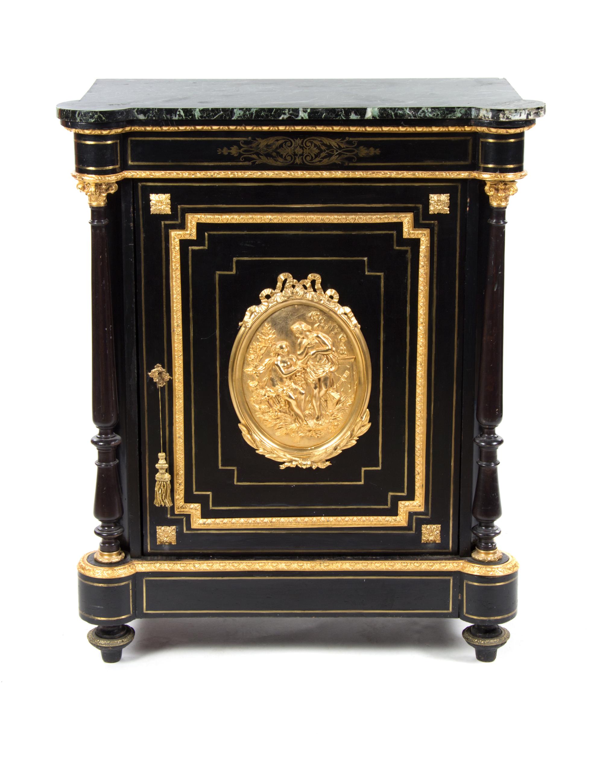 A Napoleon III Gilt Bronze Mounted and Brass Inlaid Ebonized Meuble d'Appui, SECOND HALF 19TH CENTURY, Height 43 1/2 x width 35 x depth — SECOND HALF 19TH CENTURY,