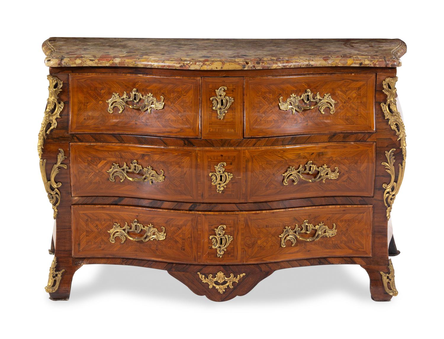 A Régence Gilt Bronze Mounted Parquetry Marble-Top Commode en Tombeau
