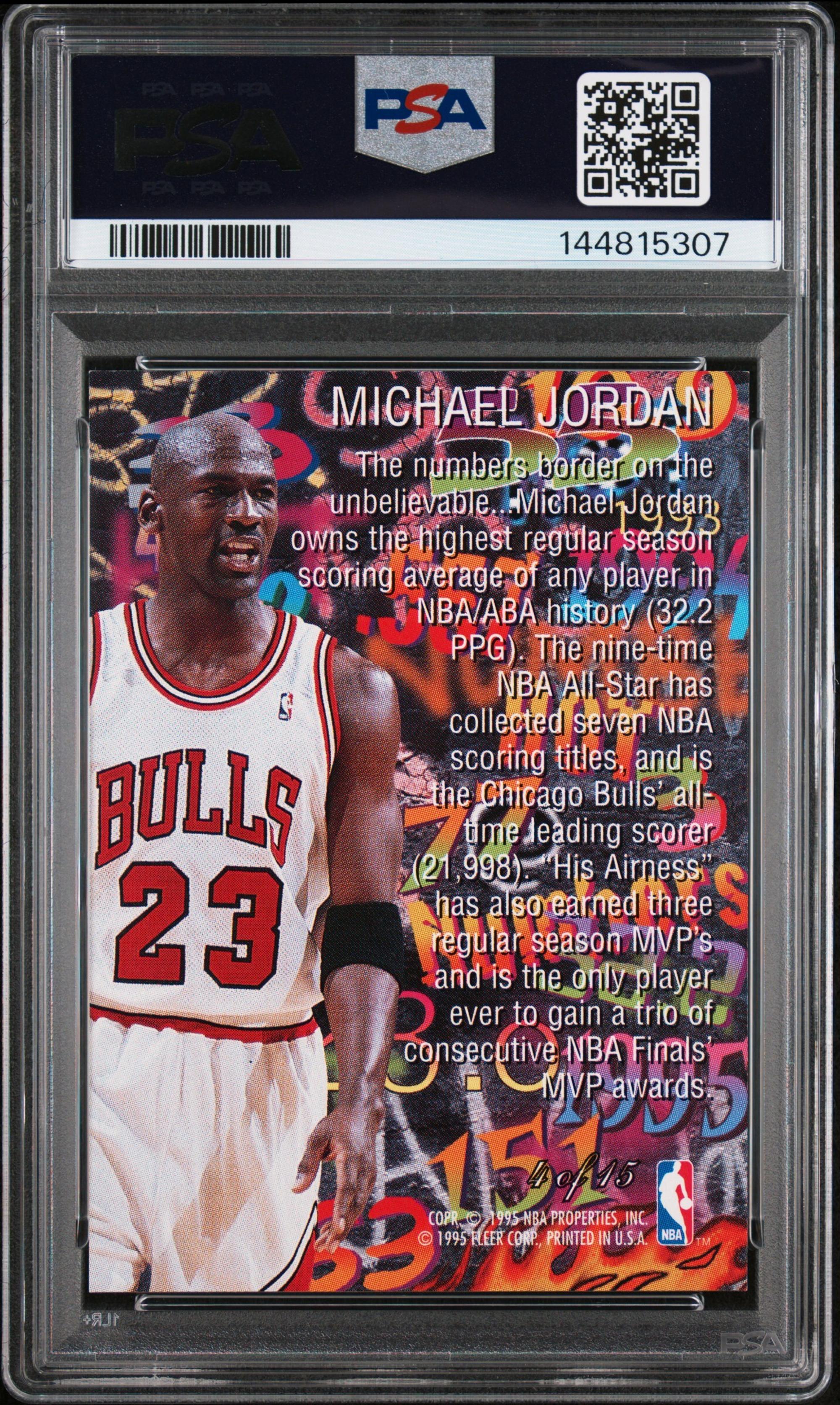 A 1995-96 Flair Michael Jordan Hot Numbers Basketball Card No. 4 (PSA 8 NM-MT)