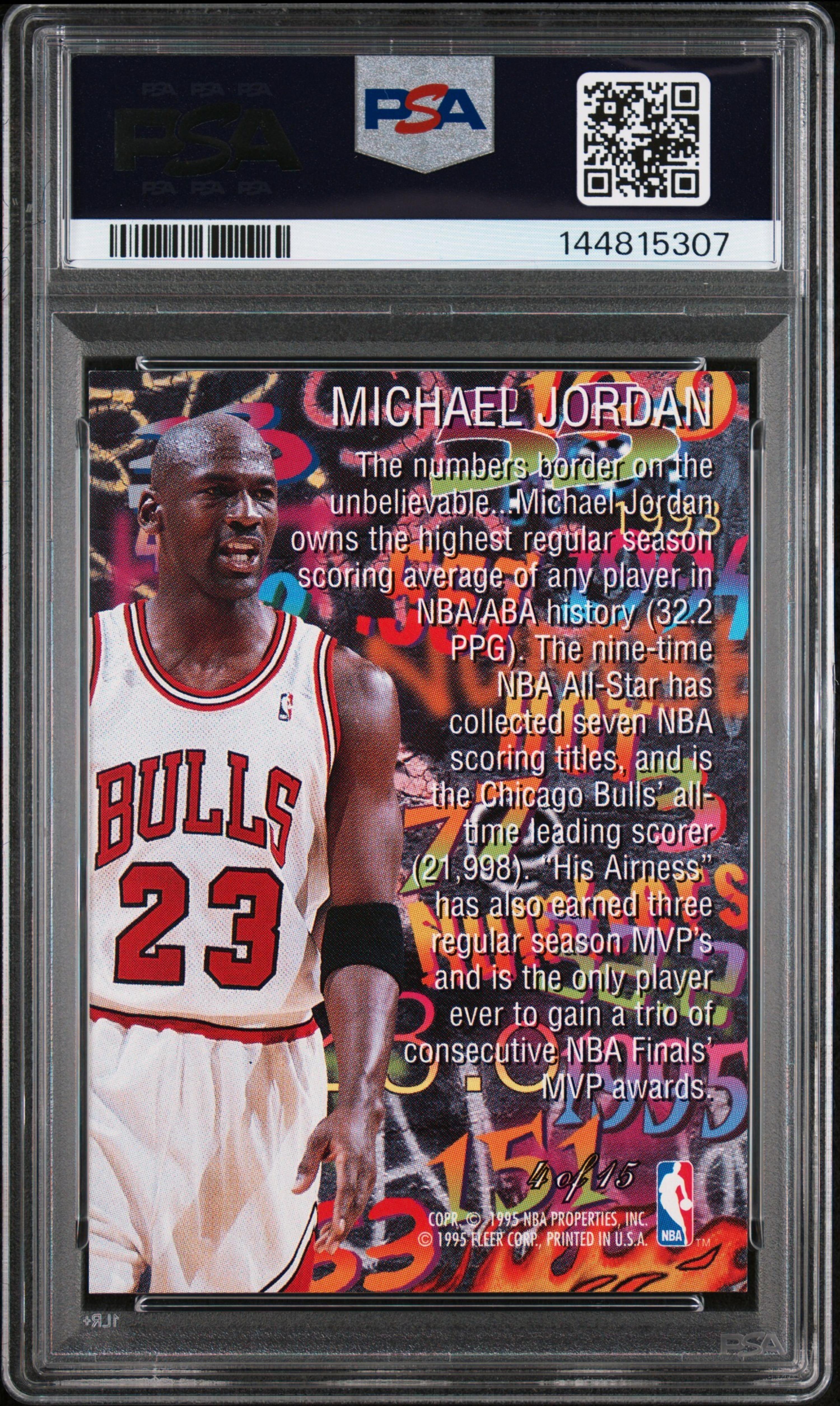 A 1995-96 Flair Michael Jordan Hot Numbers Basketball Card No. 4 (PSA 8 NM-MT)