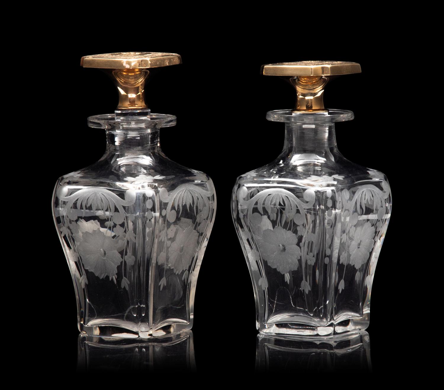 Two American 14-Karat Gold Mounted Cut Glass Toiletry Bottles