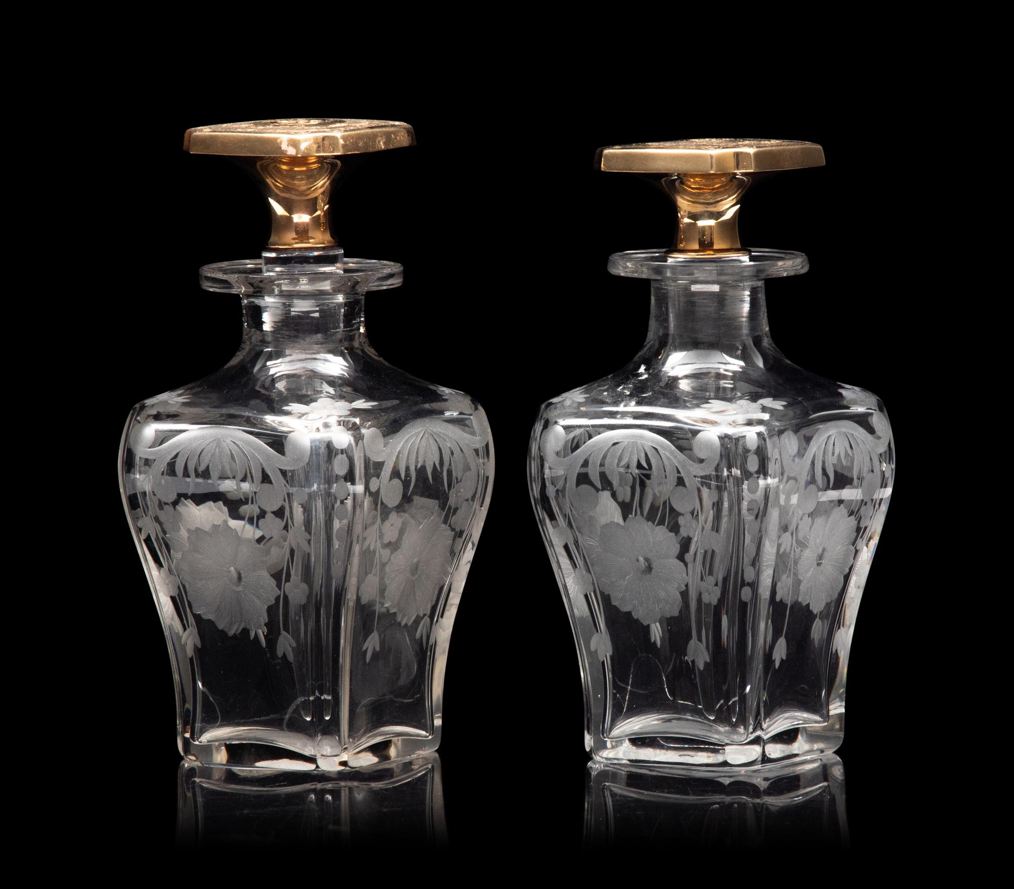 Two American 14-Karat Gold Mounted Cut Glass Toiletry Bottles