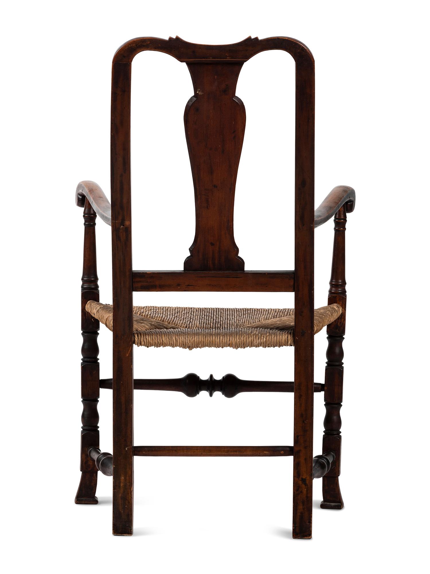 A Queen Anne Transitional Carved Maple Rush-Seat Spanish-Foot Armchair