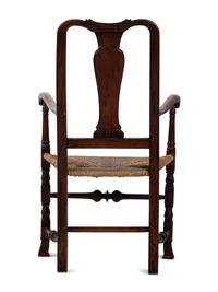 A Queen Anne Transitional Carved Maple Rush-Seat Spanish-Foot Armchair