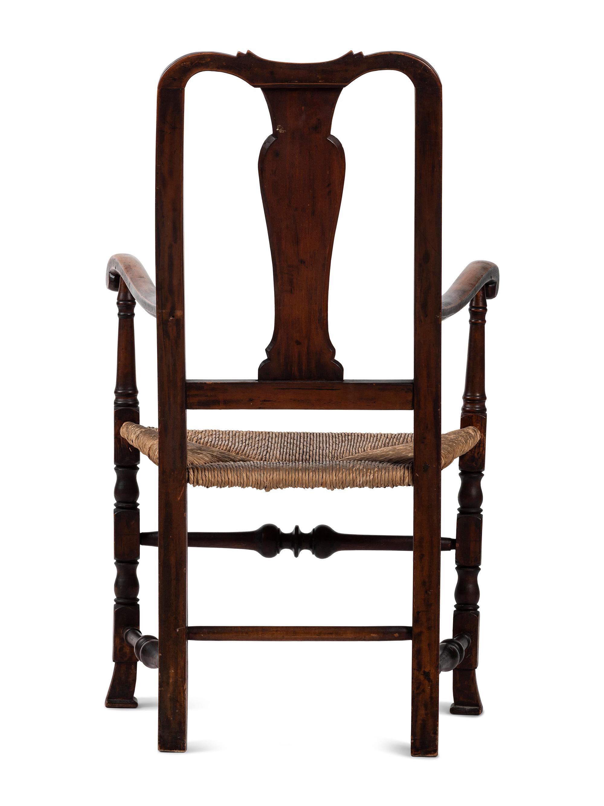 A Queen Anne Transitional Carved Maple Rush-Seat Spanish-Foot Armchair