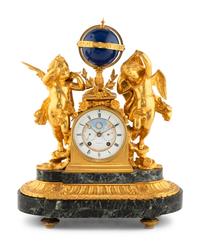 A Continental Gilt Bronze and Marble Figural Mantel Clock