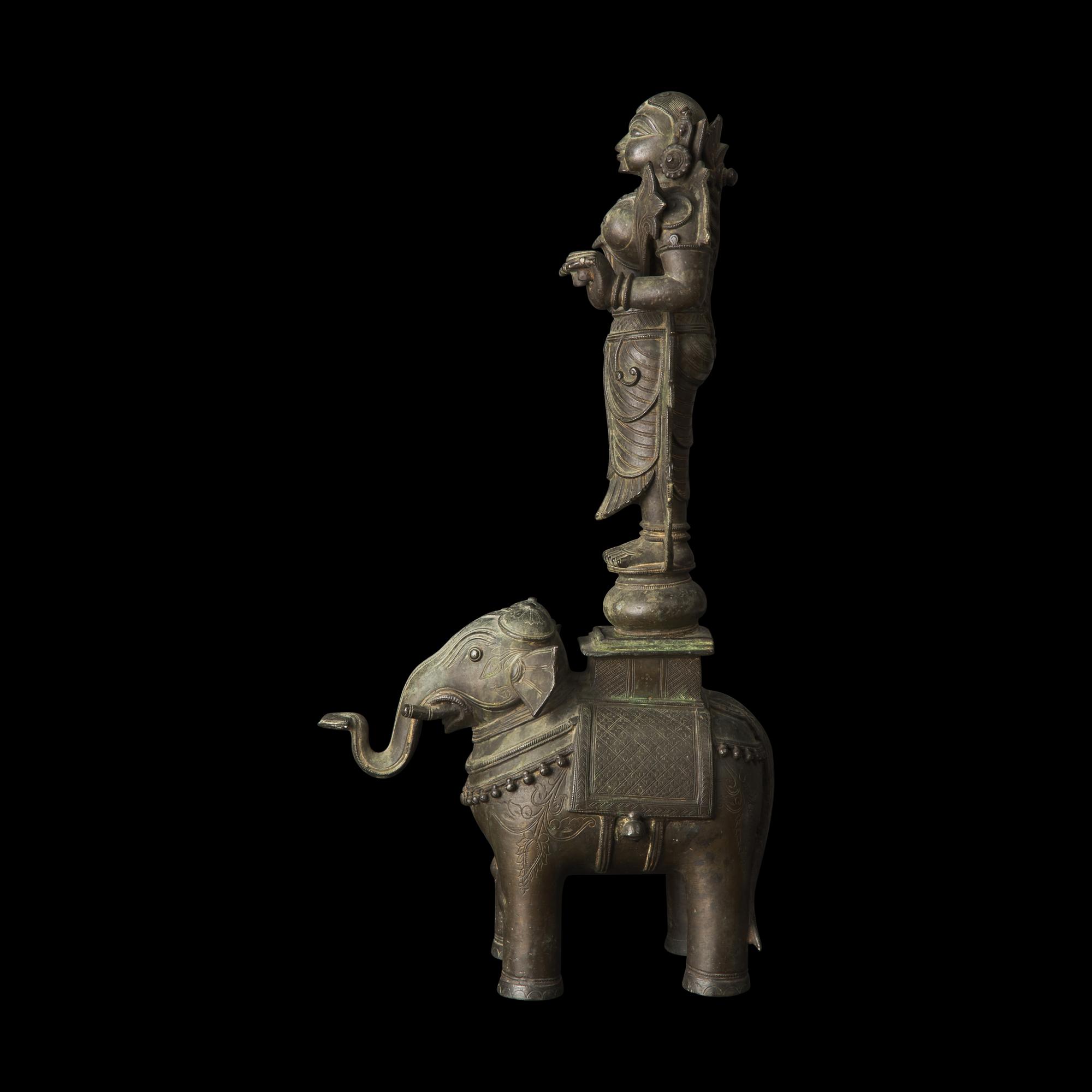 An Indian Bronze Figure of Lakshmi on Elephant, Probably Orissa, 19th Century or Earlier 十九世紀或更早 印度青銅吉祥天女騎象