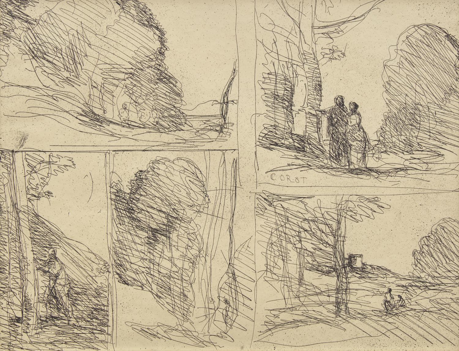 Jean-Baptiste Camille Corot (French, 1796–1875) — Le Jardin de Périclès; Le Grand Bucheron, L'Allée des Peintres, la Tour d'Henri VIII, Griffonnage , 1922
