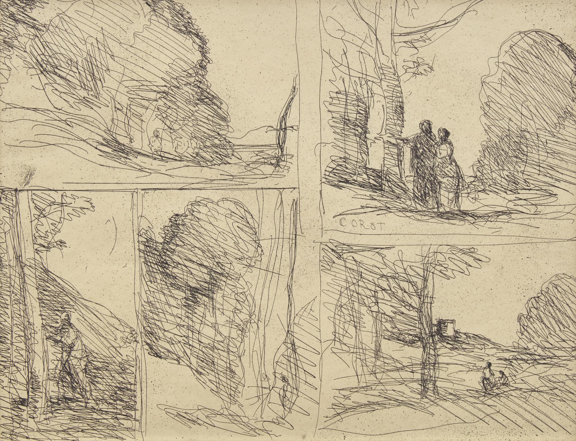 Jean-Baptiste Camille Corot (French, 1796–1875) — Le Jardin de Périclès; Le Grand Bucheron, L'Allée des Peintres, la Tour d'Henri VIII, Griffonnage , 1922