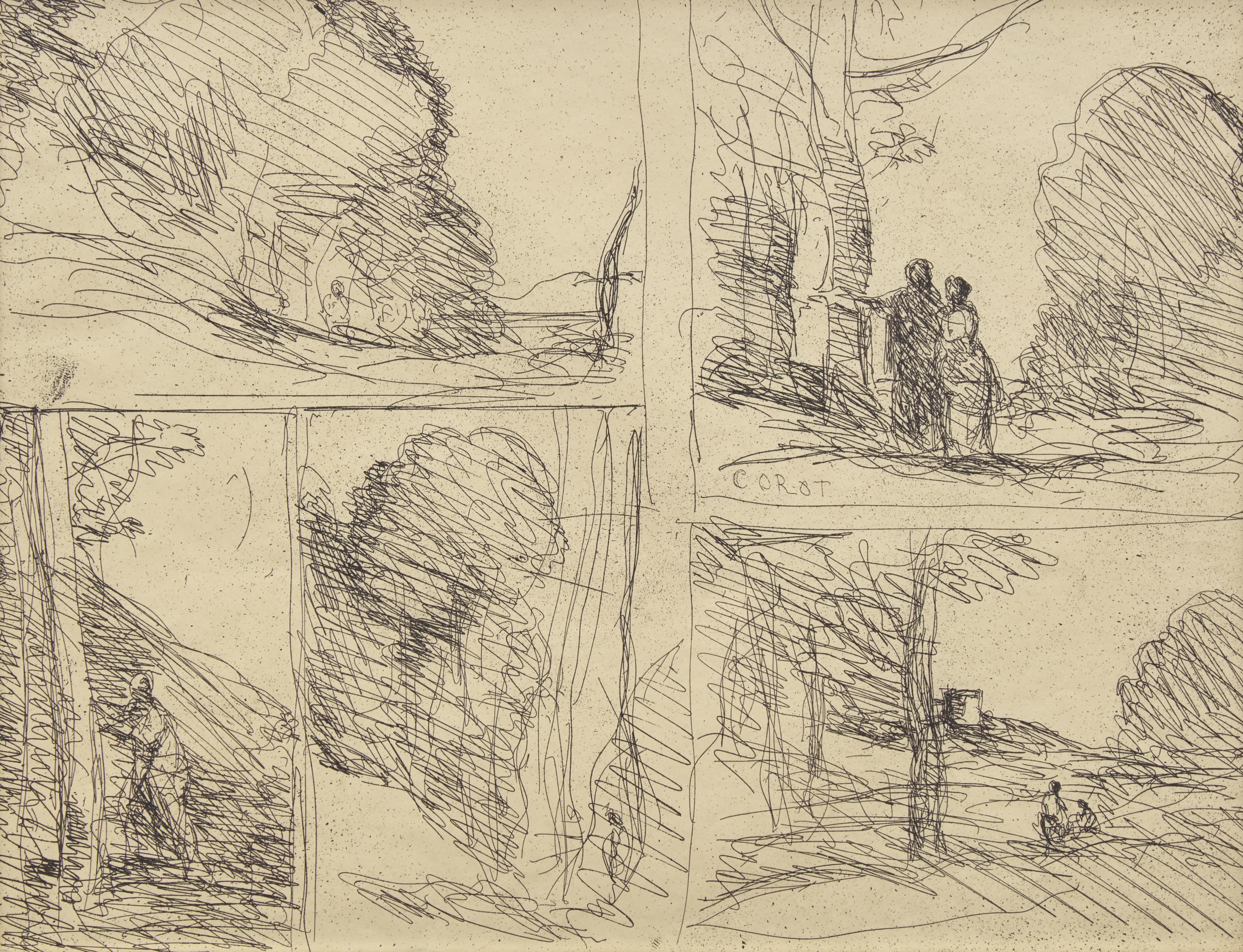 Jean-Baptiste Camille Corot (French, 1796–1875) — Le Jardin de Périclès; Le Grand Bucheron, L'Allée des Peintres, la Tour d'Henri VIII, Griffonnage , 1922