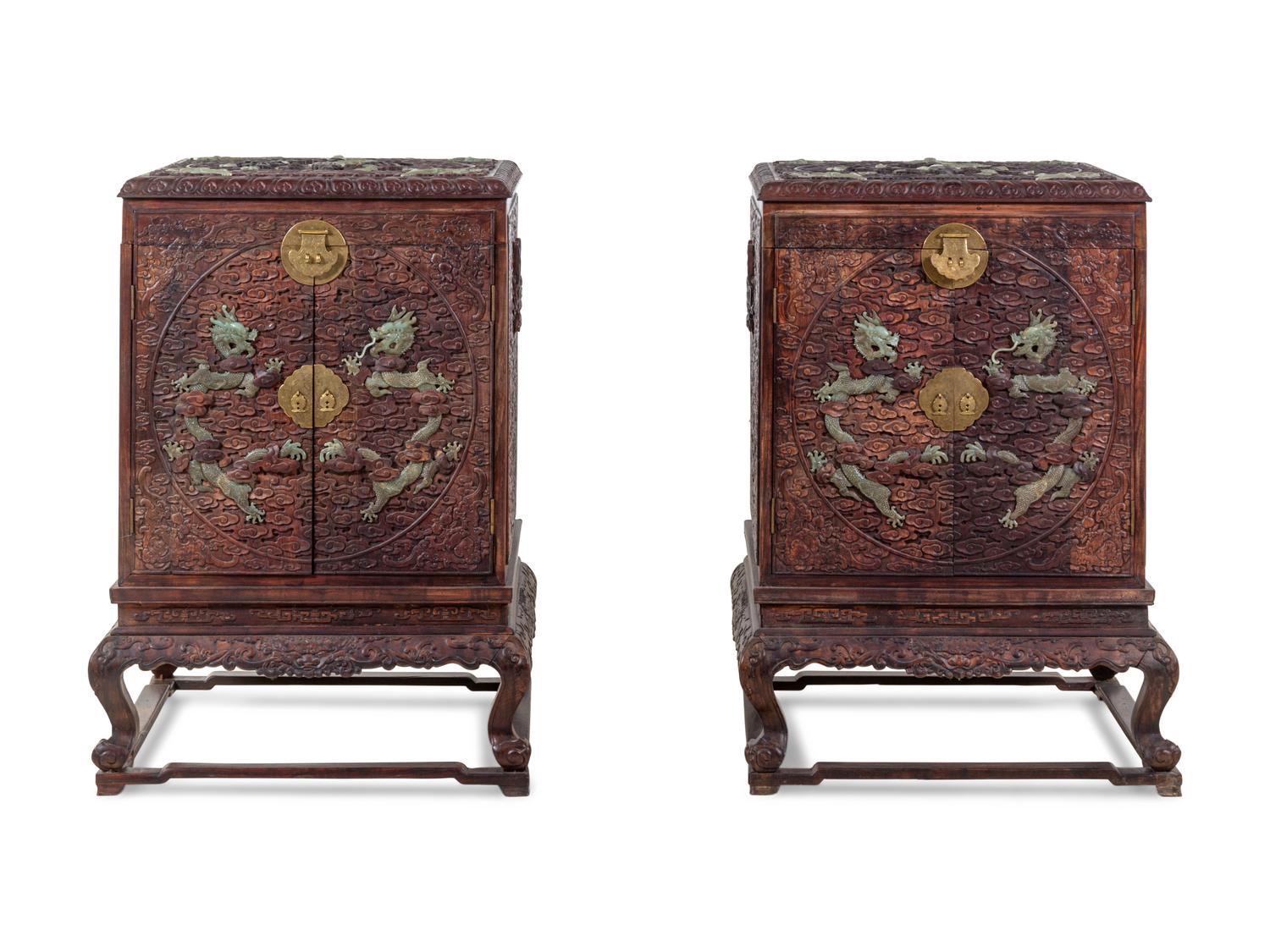 A Pair of Large Chinese Export Jade-Inset Carved Hardwood Chests on Stands