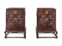A Pair of Large Chinese Export Jade-Inset Carved Hardwood Chests on Stands