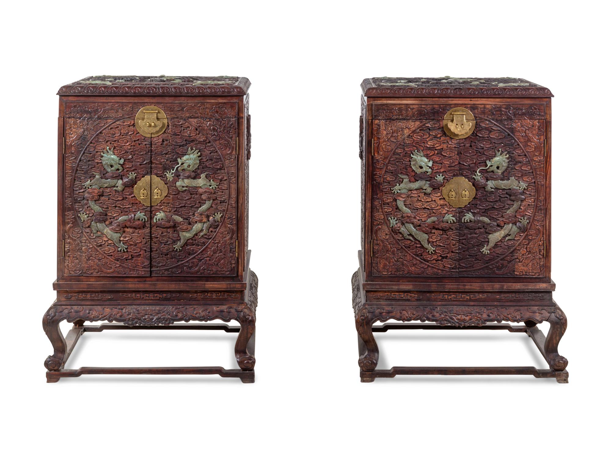 A Pair of Large Chinese Export Jade-Inset Carved Hardwood Chests on Stands