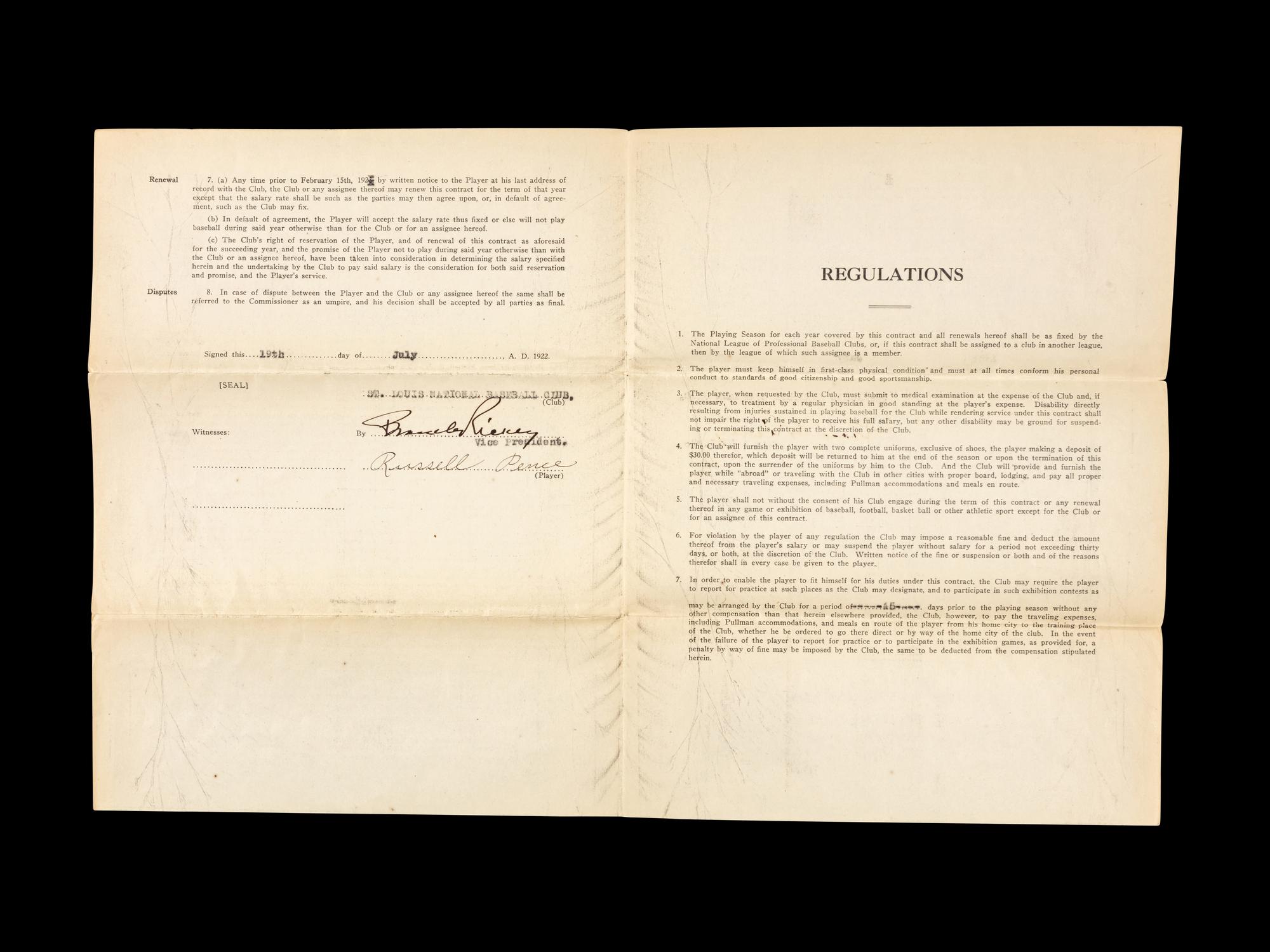 A Group of 15 1920s-30s St. Louis Cardinals Contract Agreements All Signed by Branch Rickey