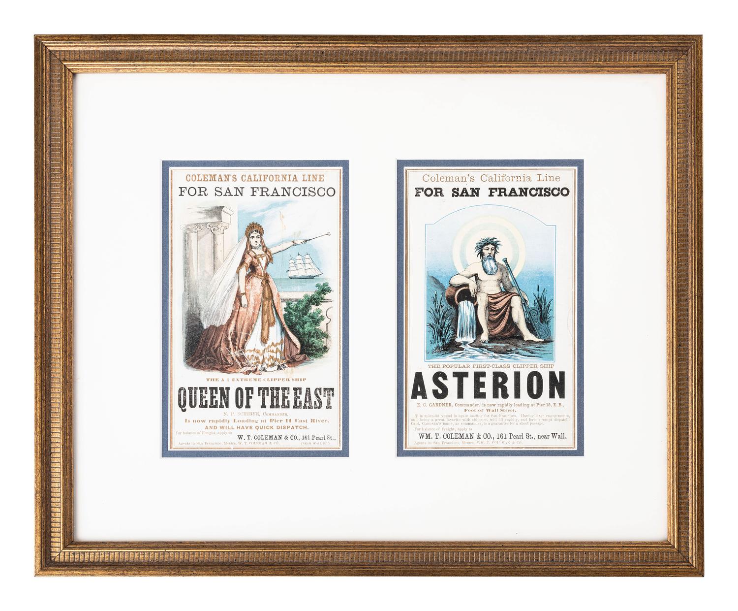[ADVERTSING]. A group of two framed advertisements for Coleman's California Line, including "Queen of the East" and "Asterion."
