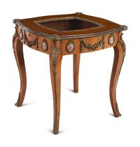 A Louis XV Style Gilt Metal and Porcelain Mounted Vitrine Table