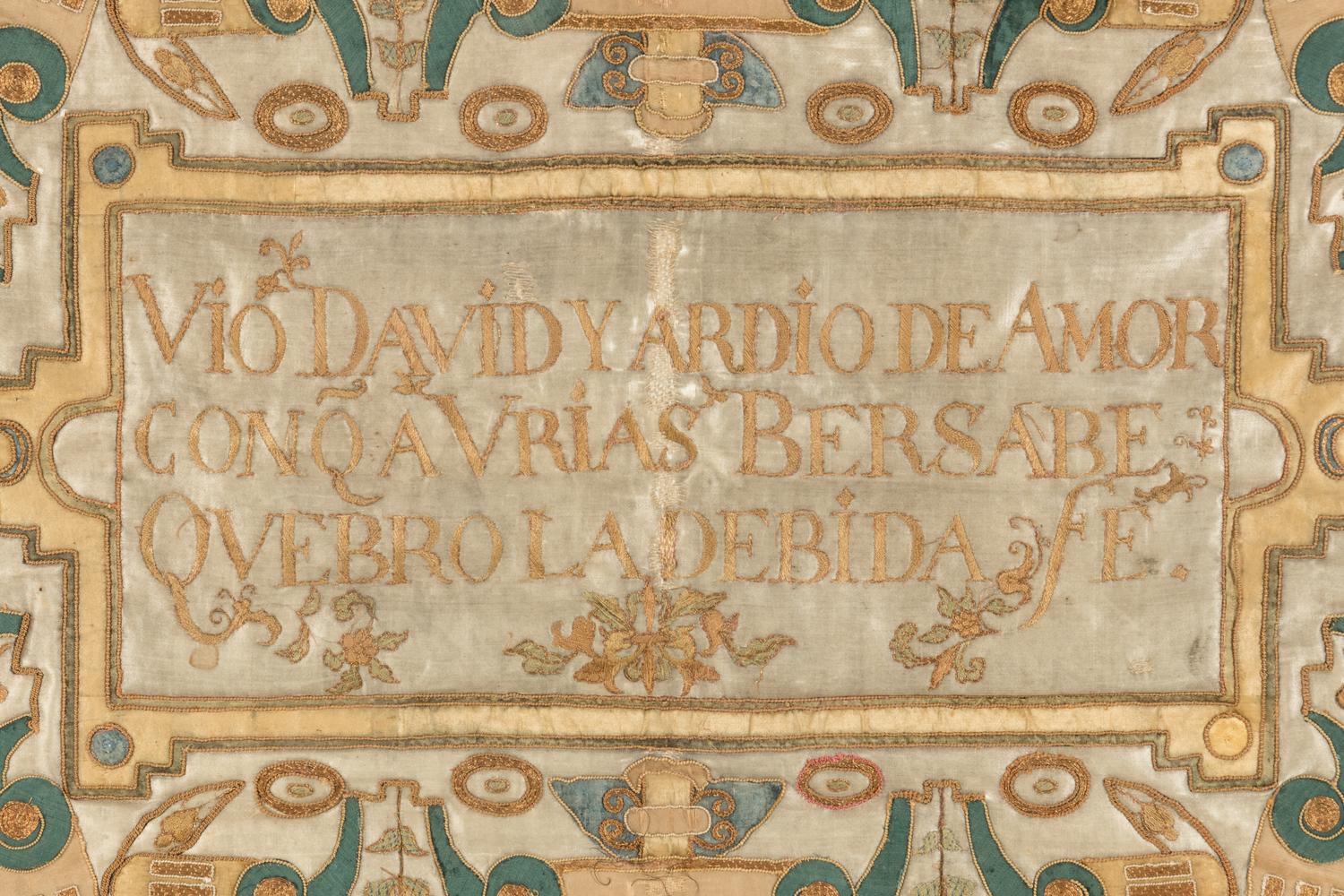 An Embroidered Silk Panel with Latin Script