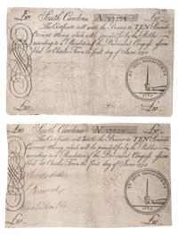 [COLONIAL CURRENCY -- SOUTH CAROLINA]. A group of 2 Ten Pound notes, 1 June 1775.