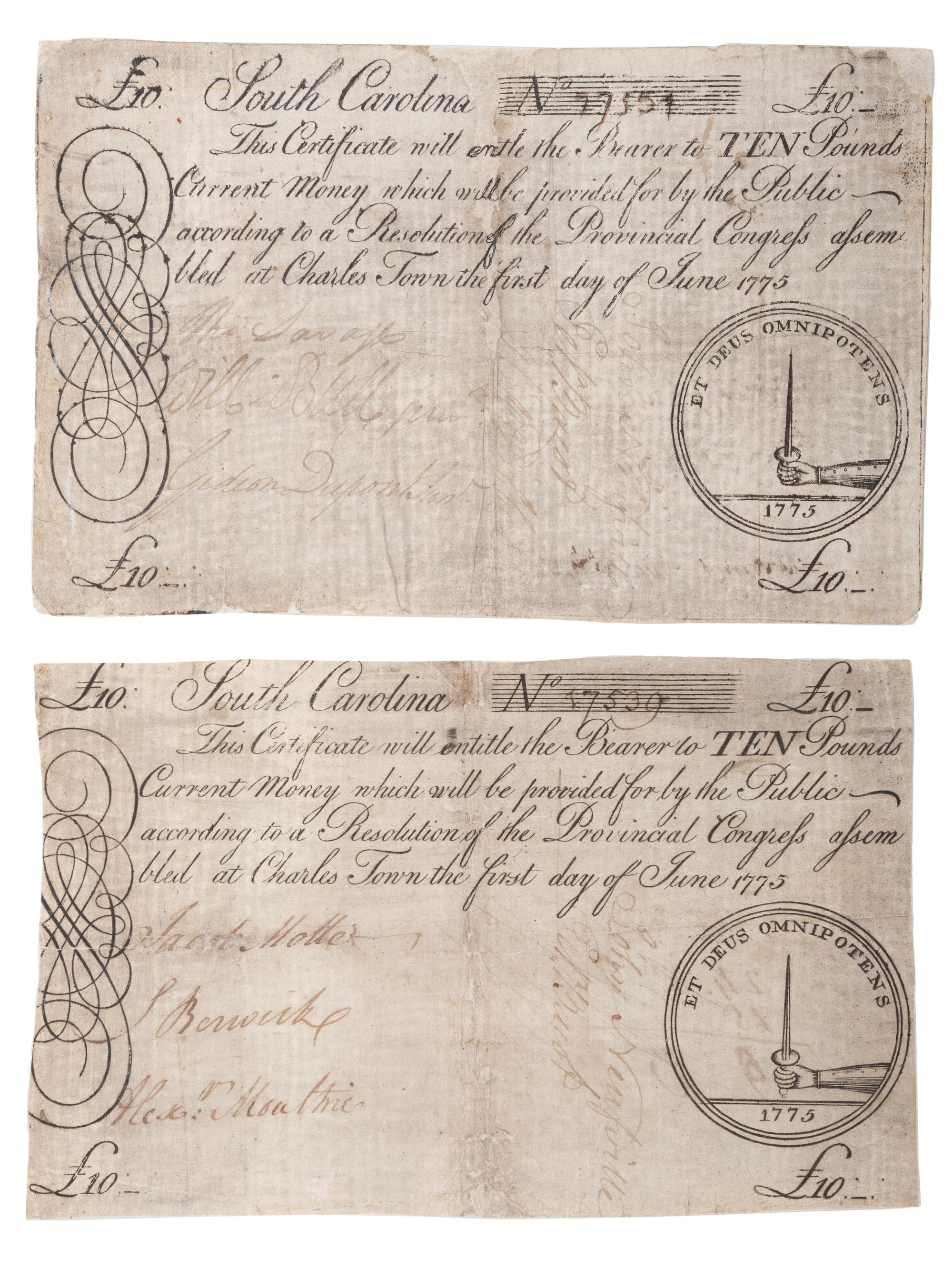 [COLONIAL CURRENCY -- SOUTH CAROLINA]. A group of 2 Ten Pound notes, 1 June 1775.