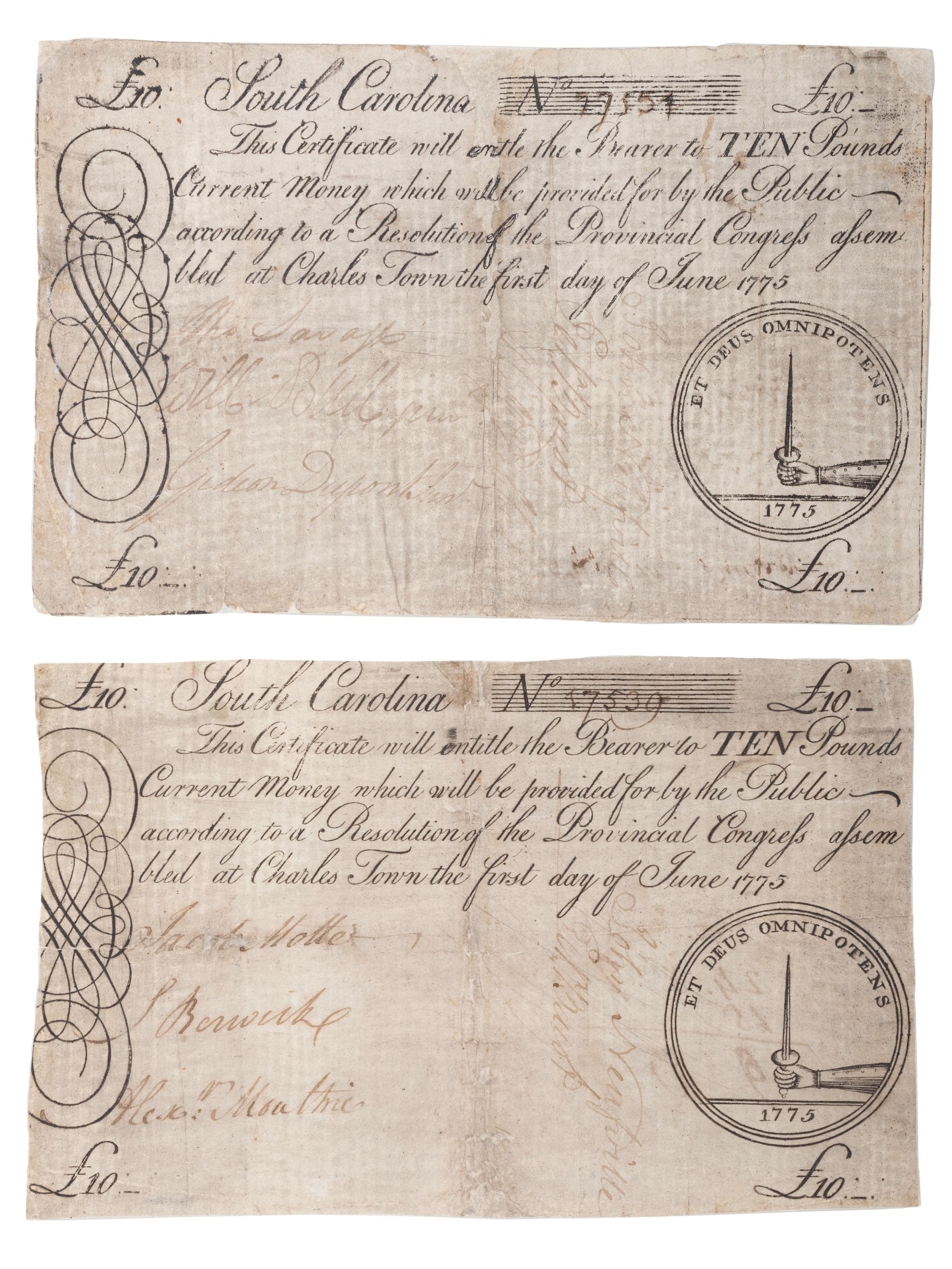 [COLONIAL CURRENCY -- SOUTH CAROLINA]. A group of 2 Ten Pound notes, 1 June 1775.