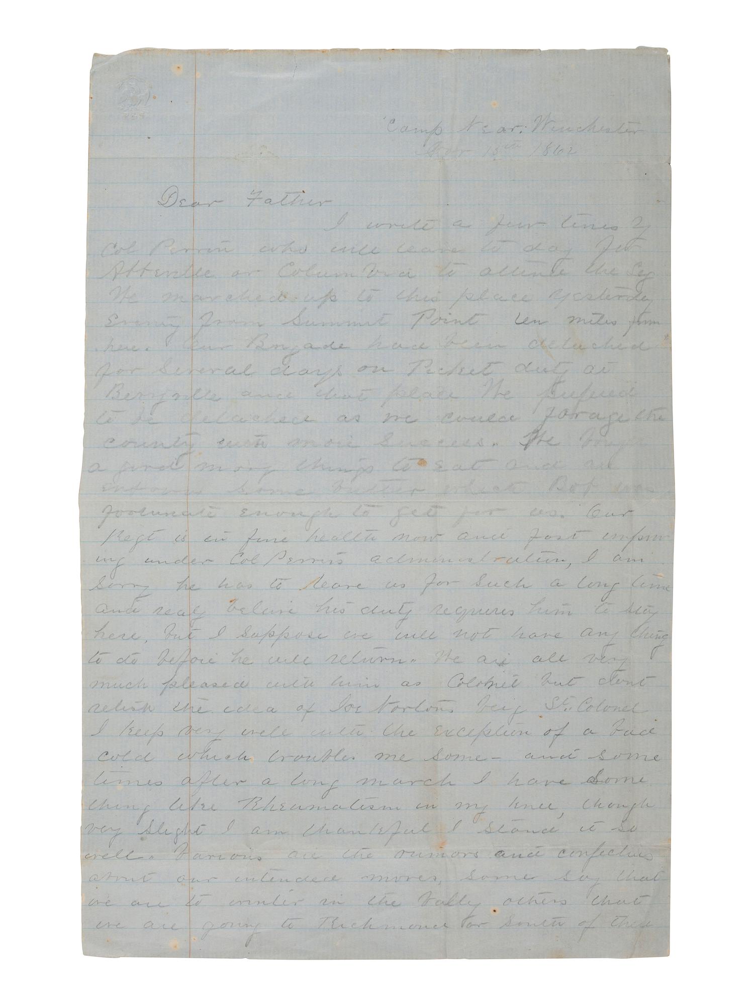[CIVIL WAR]. Letter from one of the first CSA regiments raised, 1st SC "Orr's Rifles." 1862.