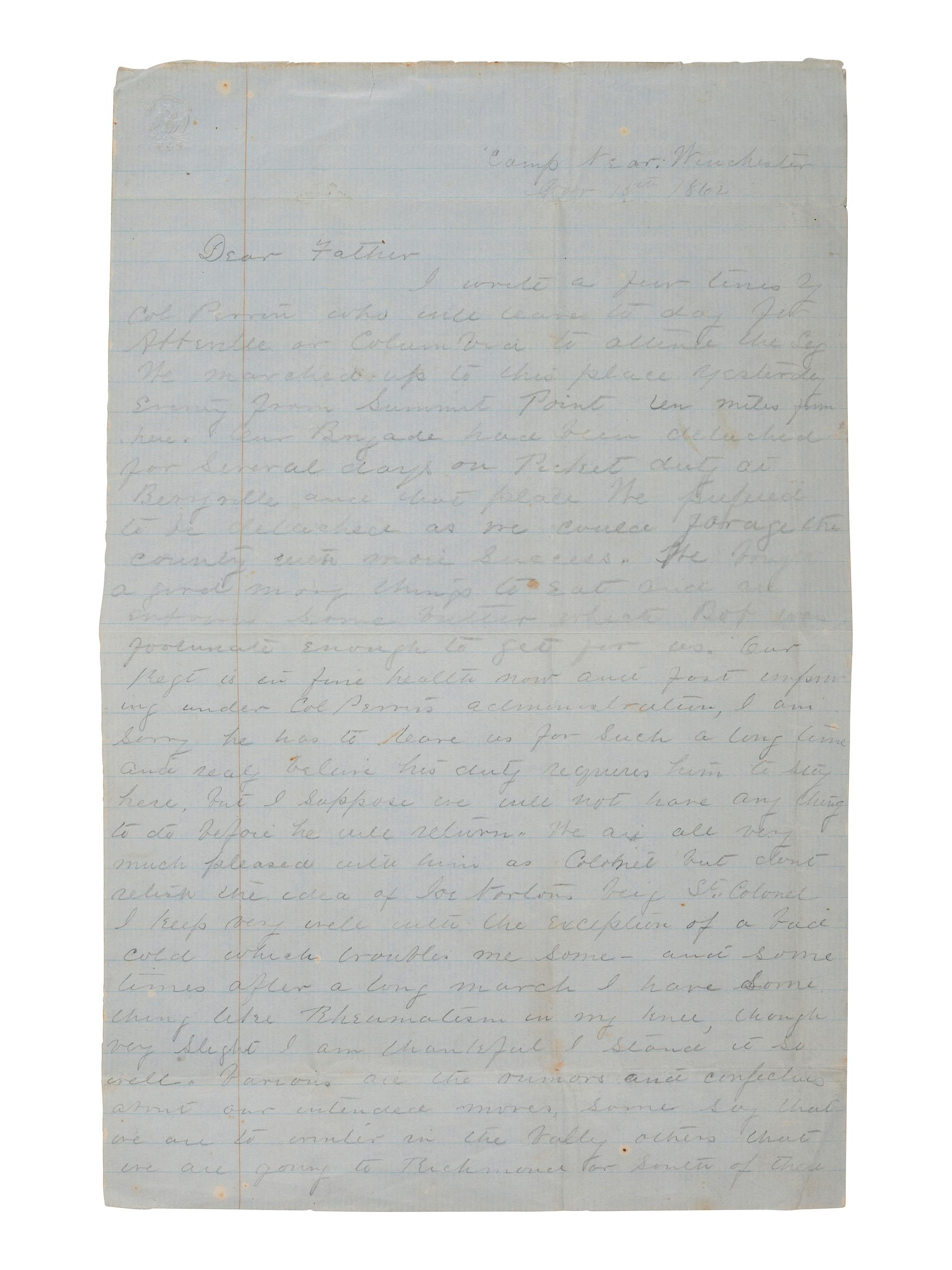 [CIVIL WAR]. Letter from one of the first CSA regiments raised, 1st SC "Orr's Rifles." 1862.