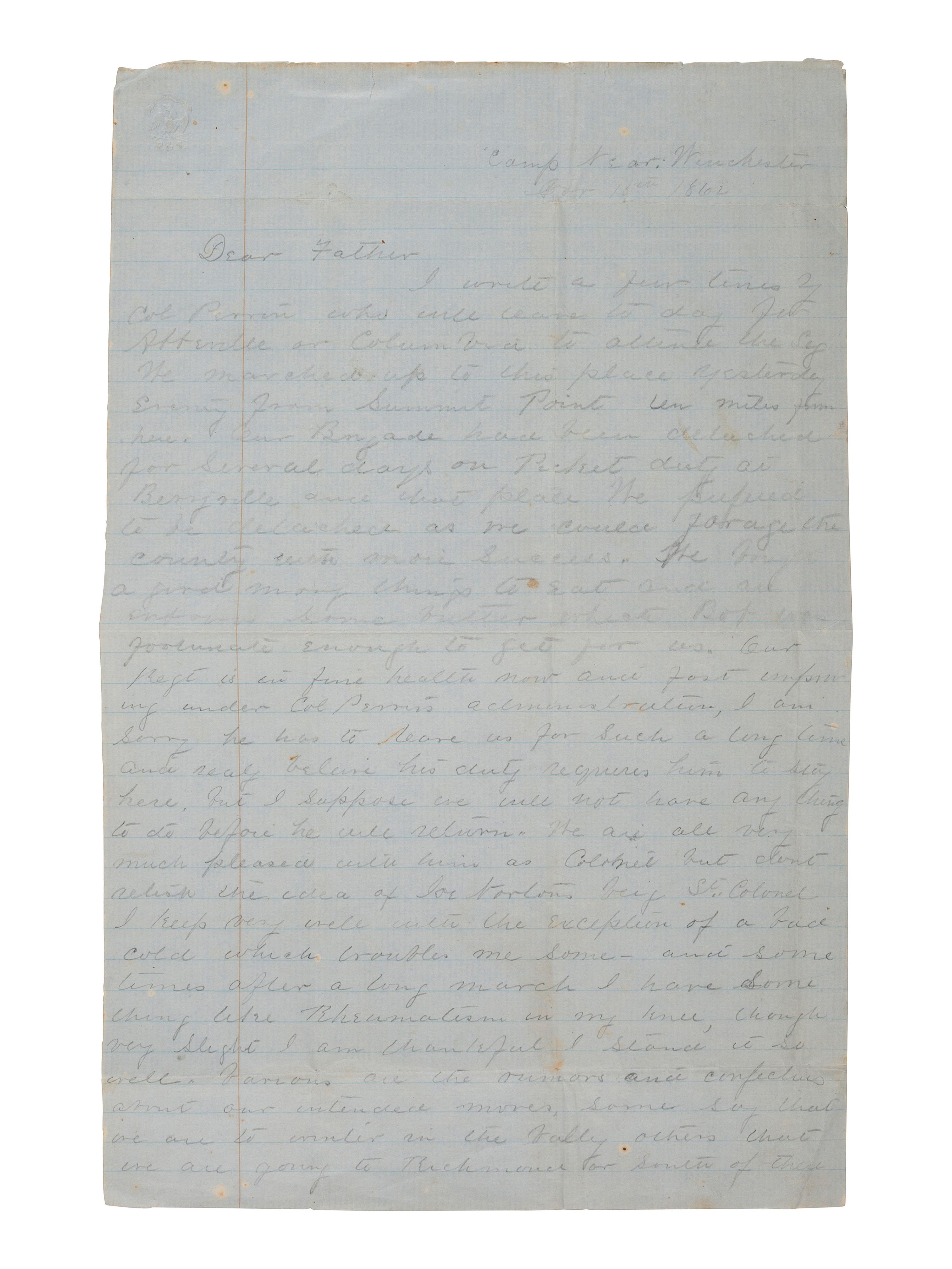 [CIVIL WAR]. Letter from one of the first CSA regiments raised, 1st SC "Orr's Rifles." 1862.