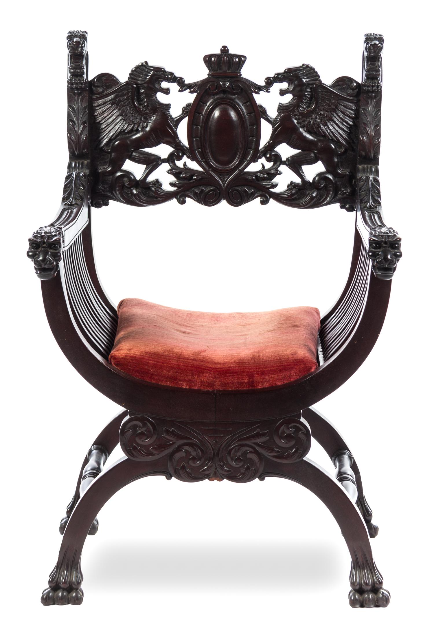A Jacobean Style Savonarola Chair Height 40 1/2 x width 26 1/2 x depth 19 1/2 inches. — LATE 19TH/EARLY 20TH CENTURY