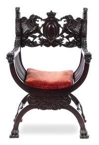 A Jacobean Style Savonarola Chair Height 40 1/2 x width 26 1/2 x depth 19 1/2 inches. — LATE 19TH/EARLY 20TH CENTURY