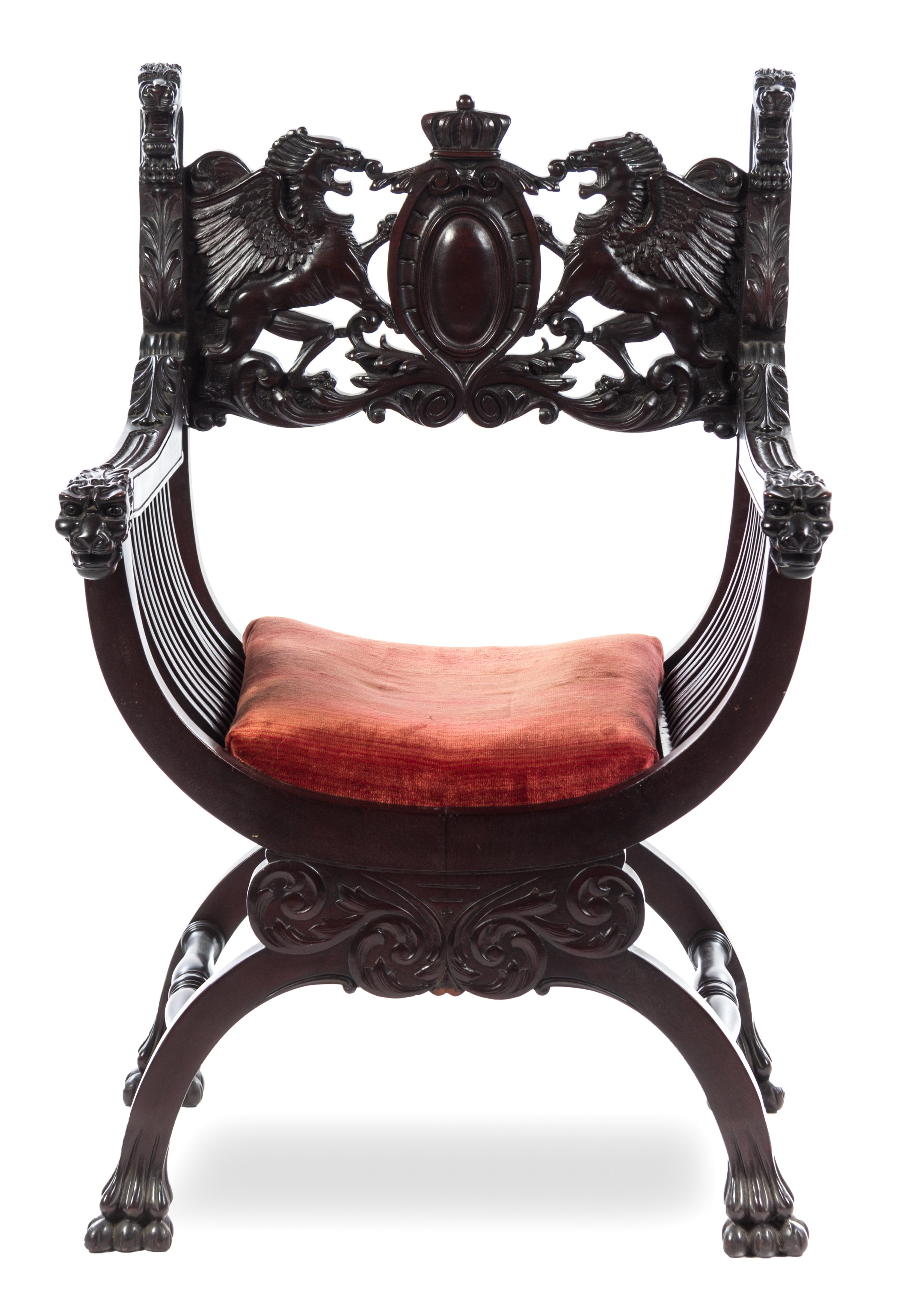 A Jacobean Style Savonarola Chair Height 40 1/2 x width 26 1/2 x depth 19 1/2 inches. — LATE 19TH/EARLY 20TH CENTURY