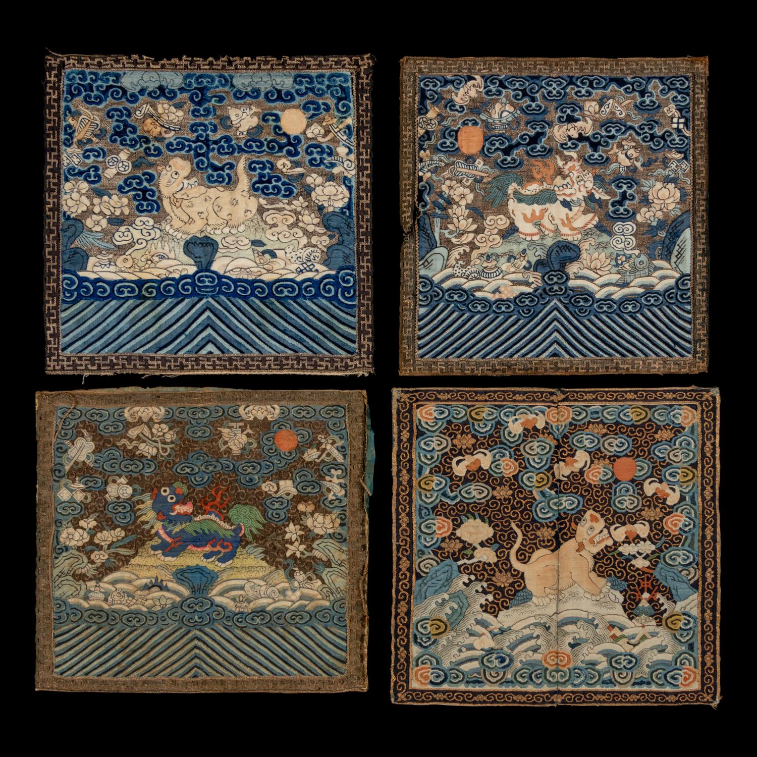 Four Chinese Kesi Silk Military Official's Rank Badges, Buzi , 19th Century 清中晚期 緙絲武官補子四幅