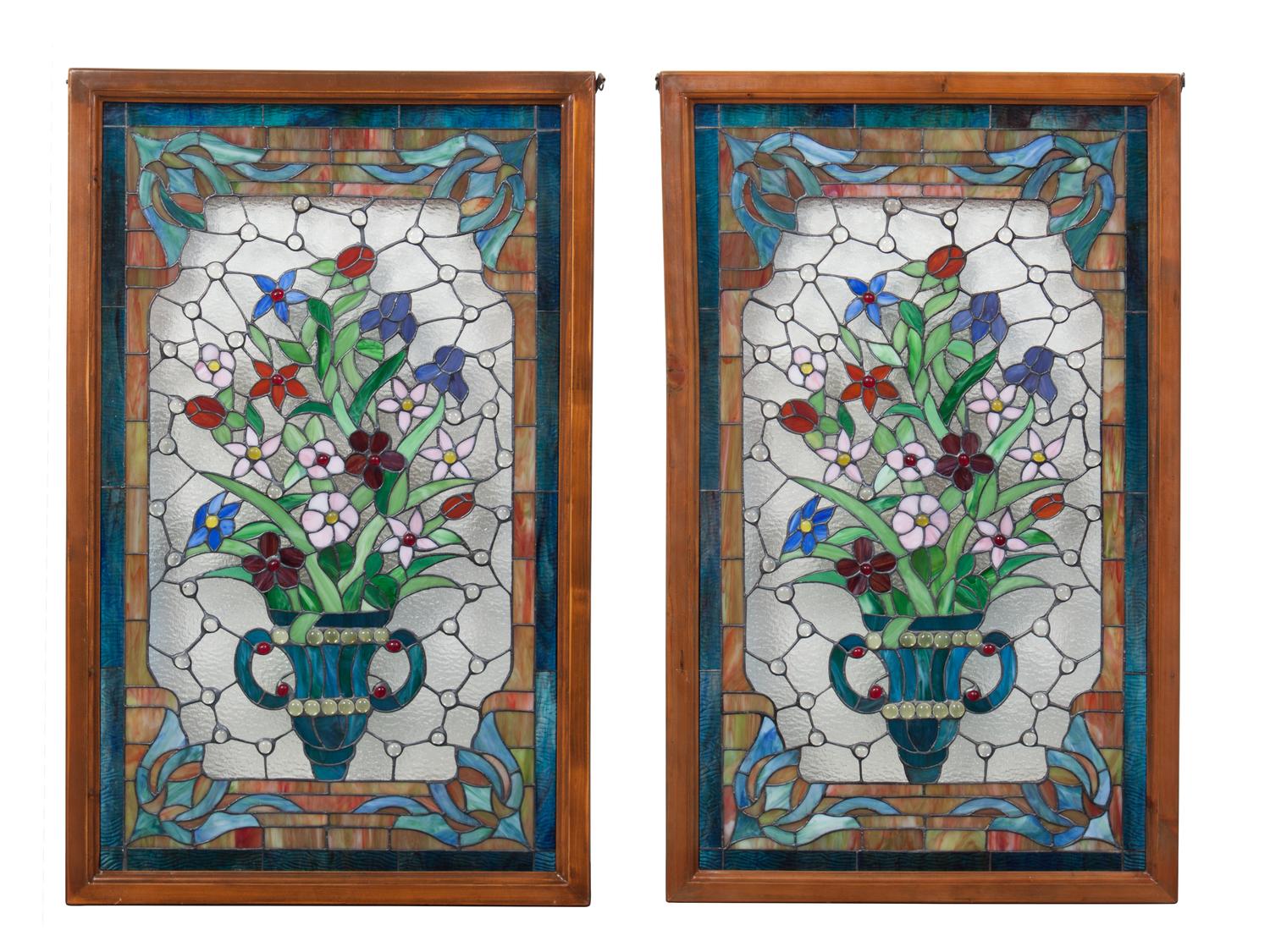 A Pair of American Leaded and Jewel Windows Height 33 1/4 x width 19 1/4 inches. — 20TH CENTURY
