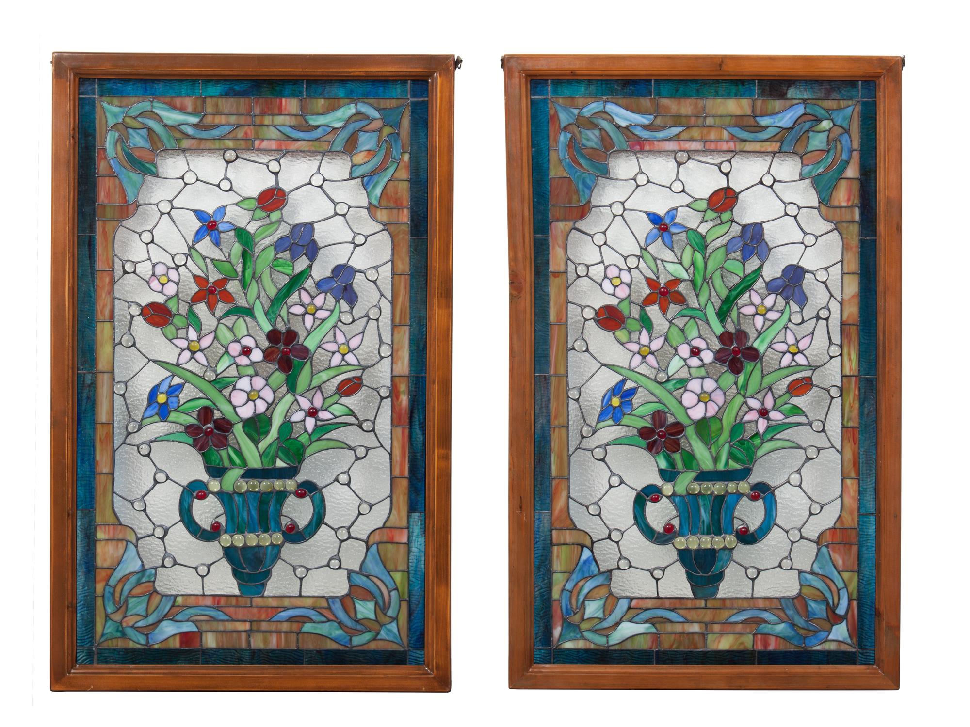A Pair of American Leaded and Jewel Windows Height 33 1/4 x width 19 1/4 inches. — 20TH CENTURY