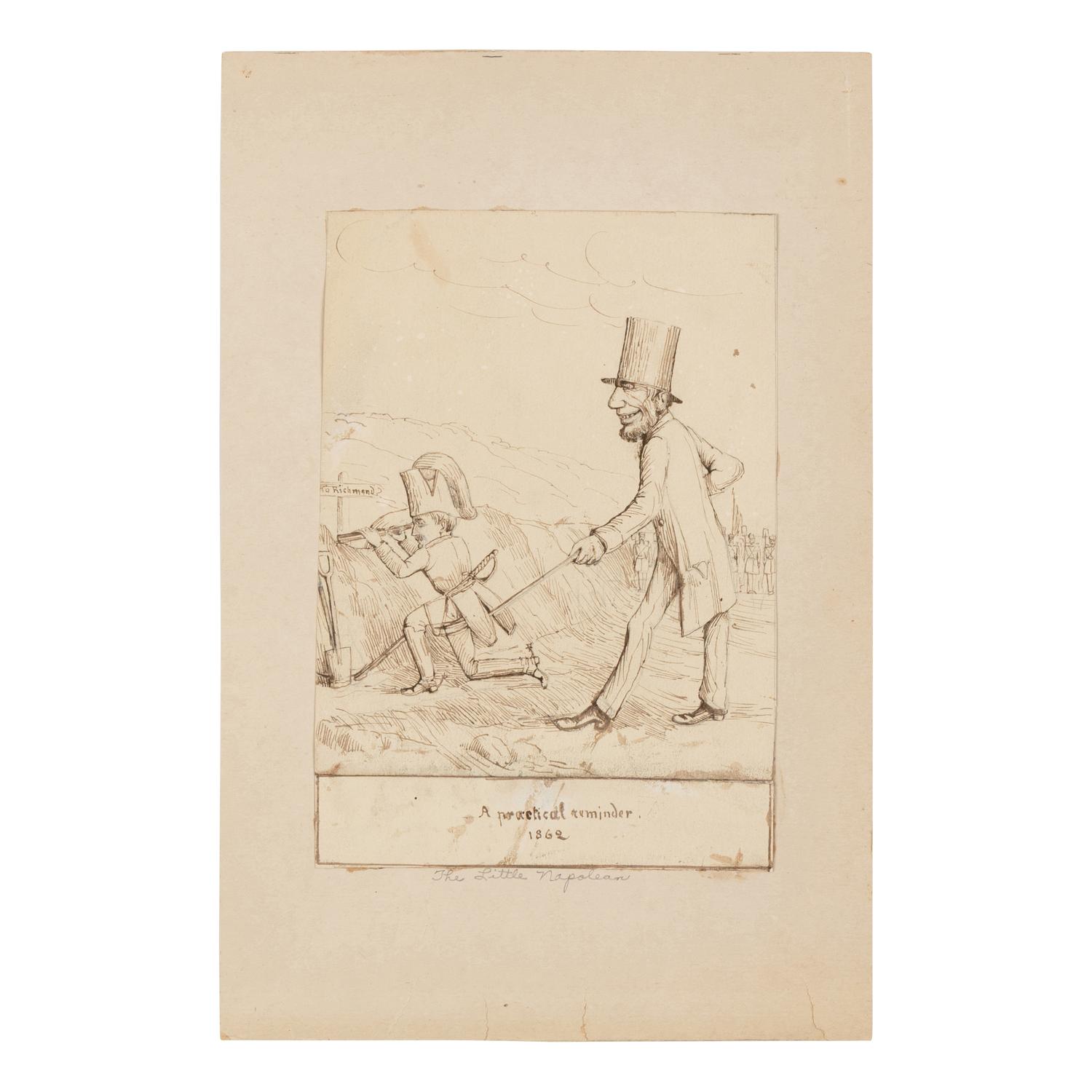 David Hunter Strother (American, 1816-1888) An original "from life" field sketch and a later caricature of President Abraham Lincoln rendered during his visit to Antietam, 2-3 October 1862.