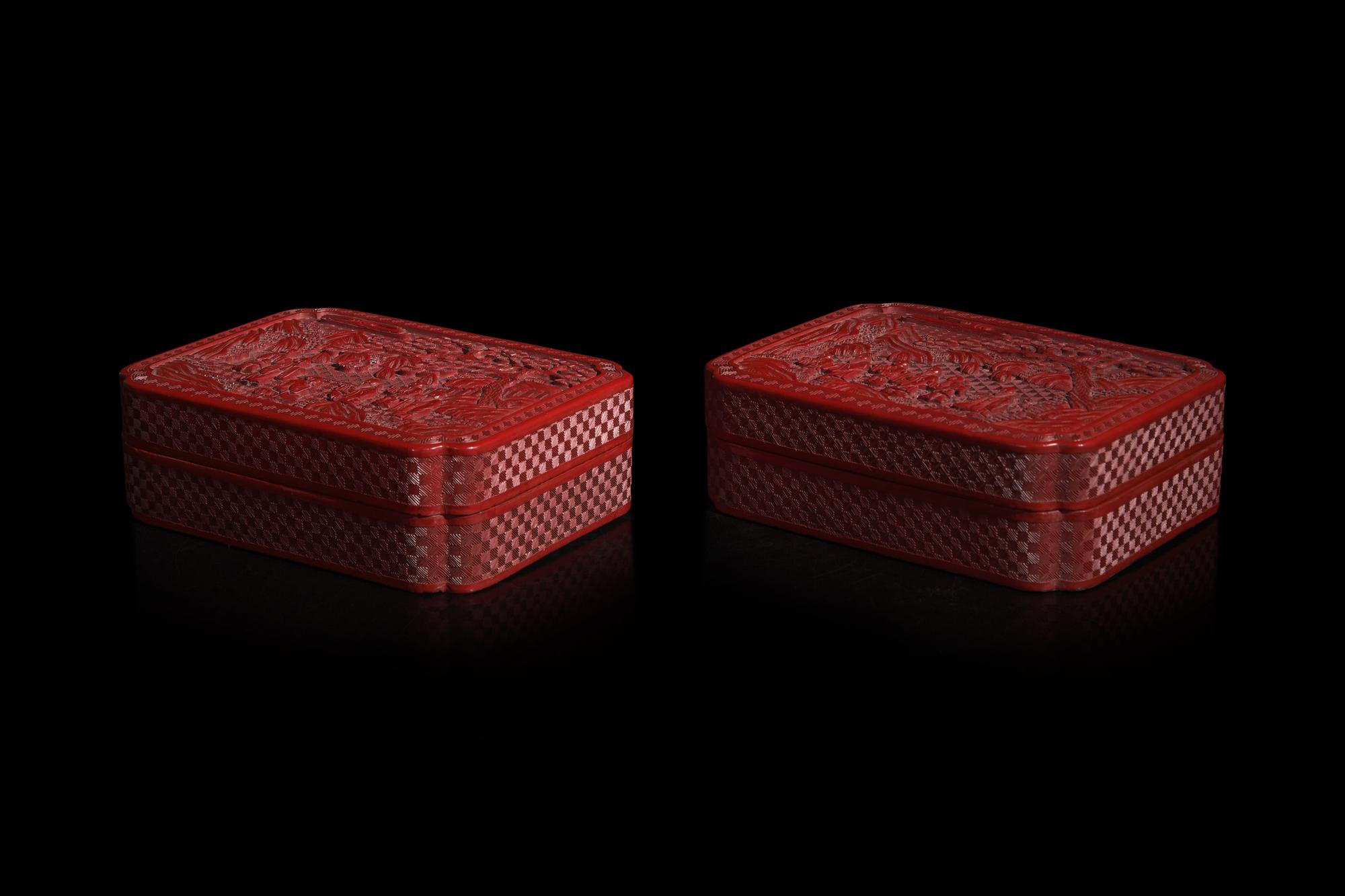 A Pair of Chinese Cinnabar Lacquer Boxes, Late 19th to 20th Century 晚清-民國 剔紅高士圖倭角方盒一對