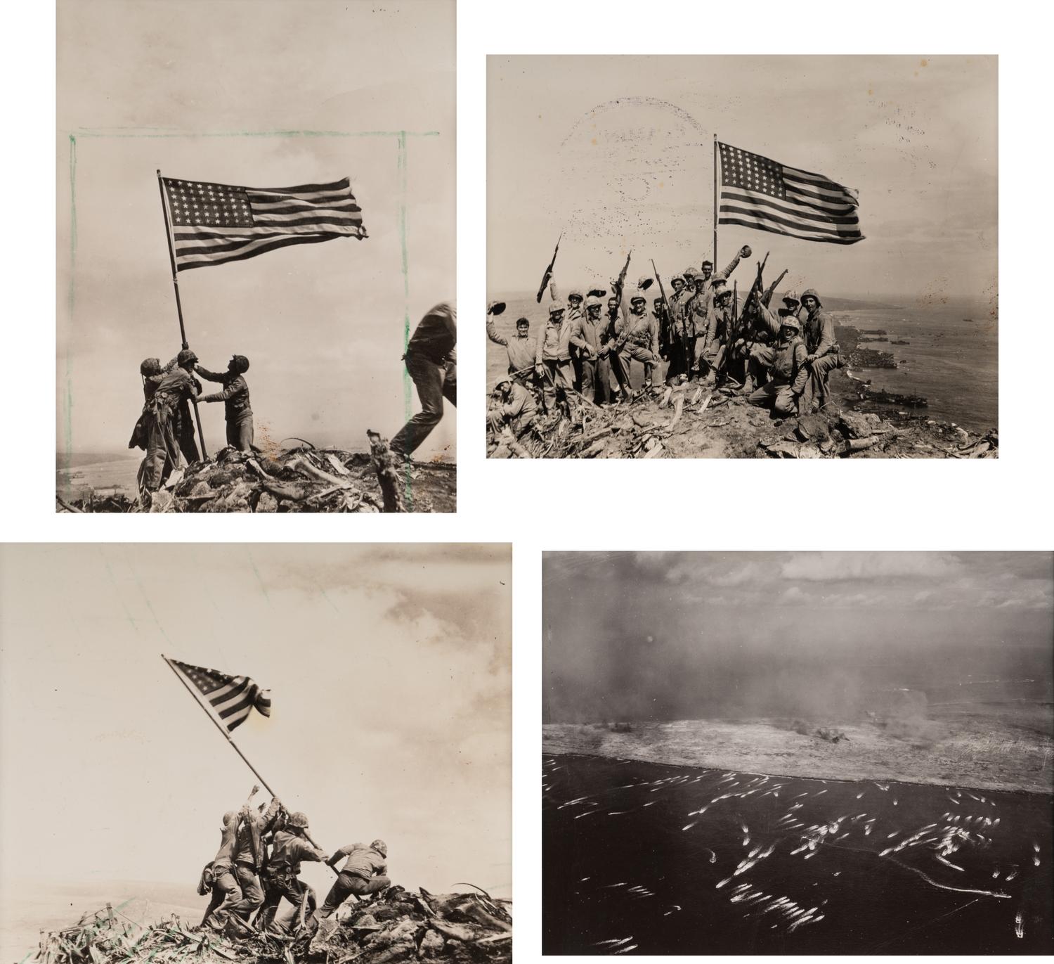 ROSENTHAL, Joe (1911-2006). Flag Raising on Mt. Suribachi, Iwo Jima. -- Aerial View of a Pacific Island. -- The 28th Regiment Atop Mt. Suribachi. -- Four Marines with Flag, Mr. Suribachi. 1945.
