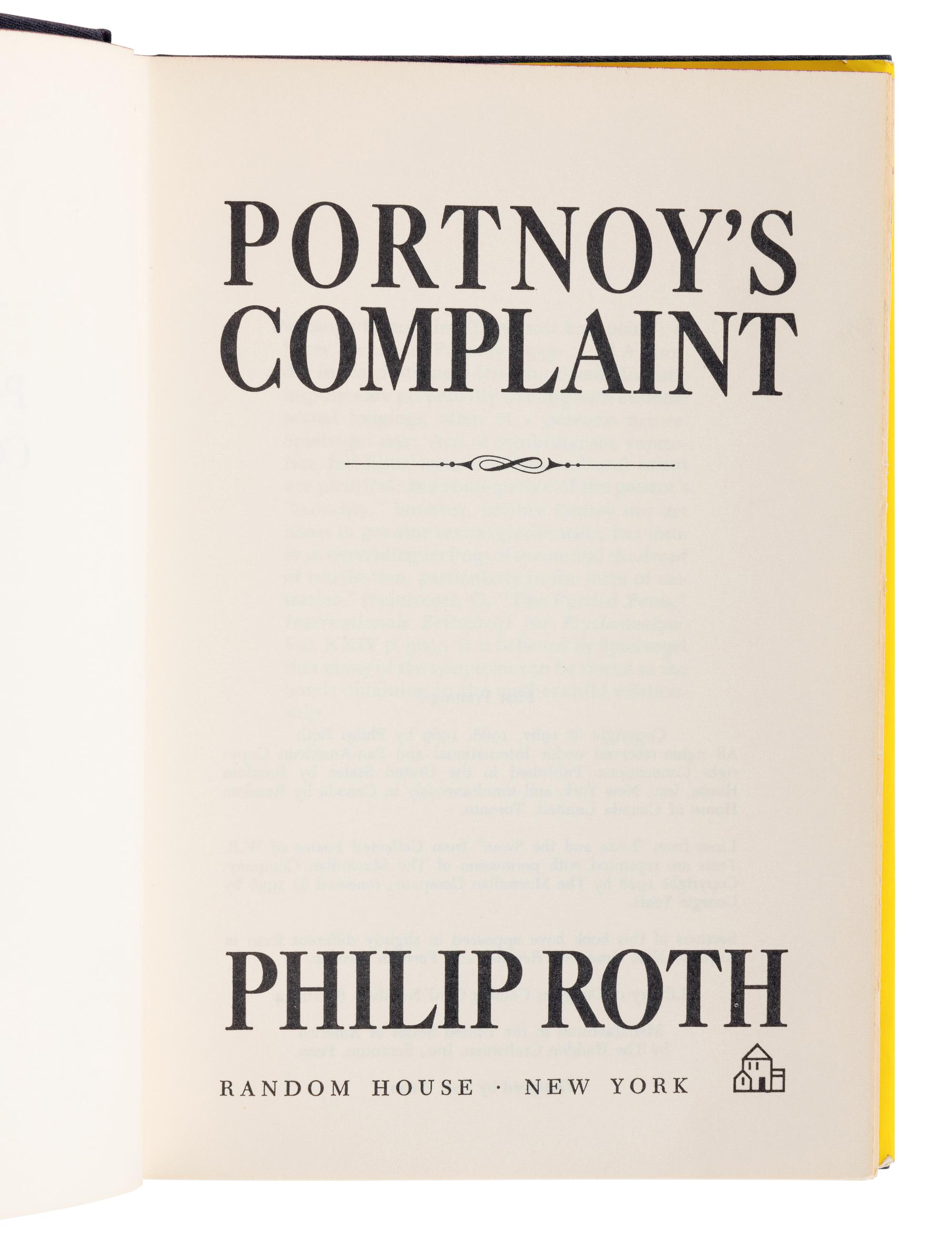 ROTH, Philip (1933-2018). Portnoy’s Complaint. New York: Random House, 1969.