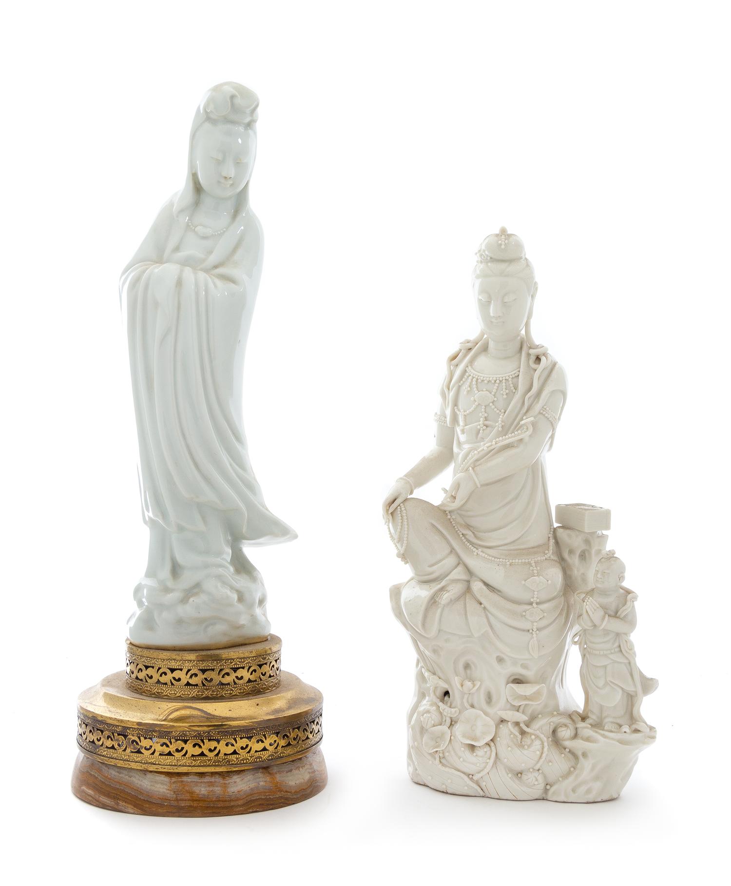 Two Blanc-de-Chine Porcelain Figures of Guanyin Height 12 3/4 inches.