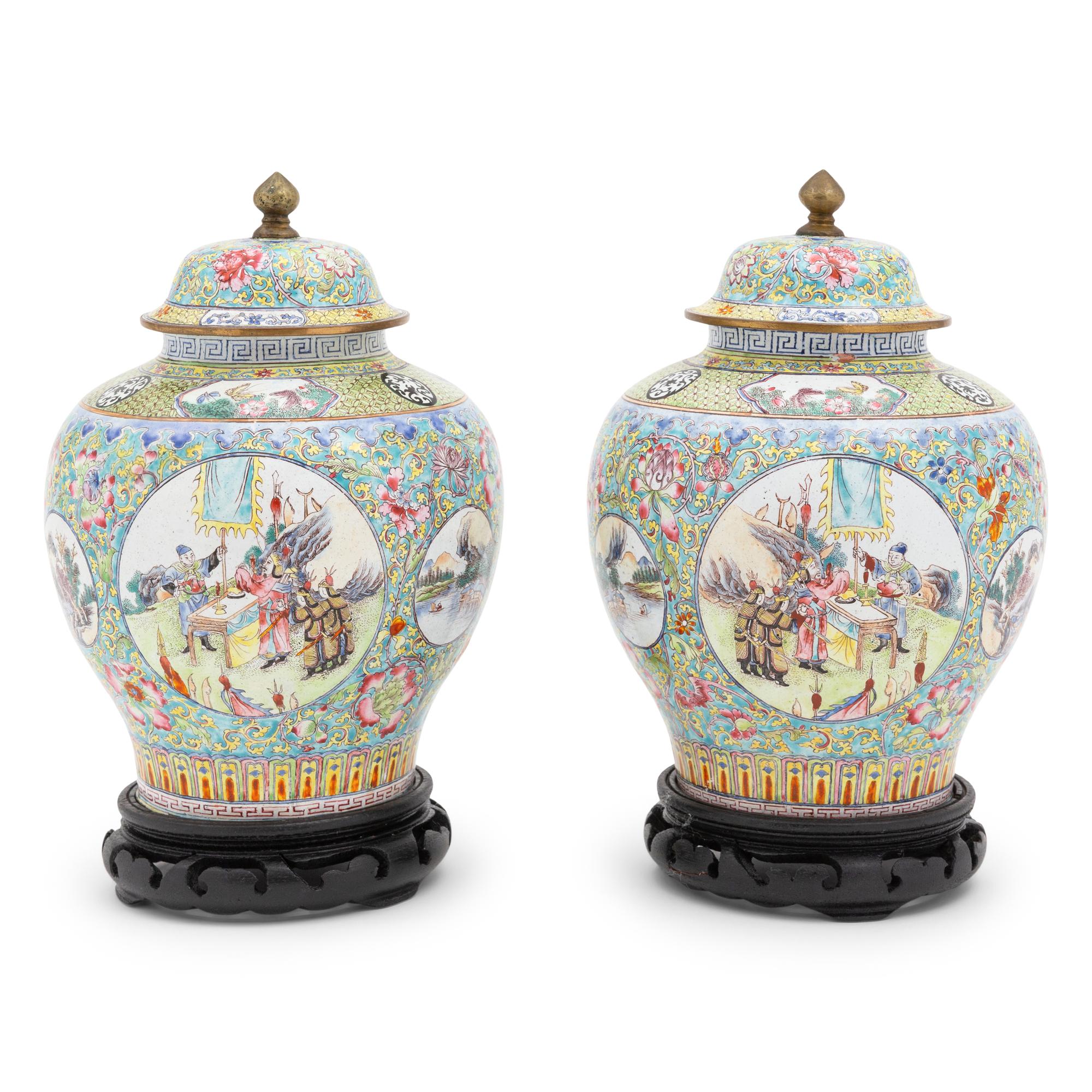A Pair of Canton Enamel Jars and Covers