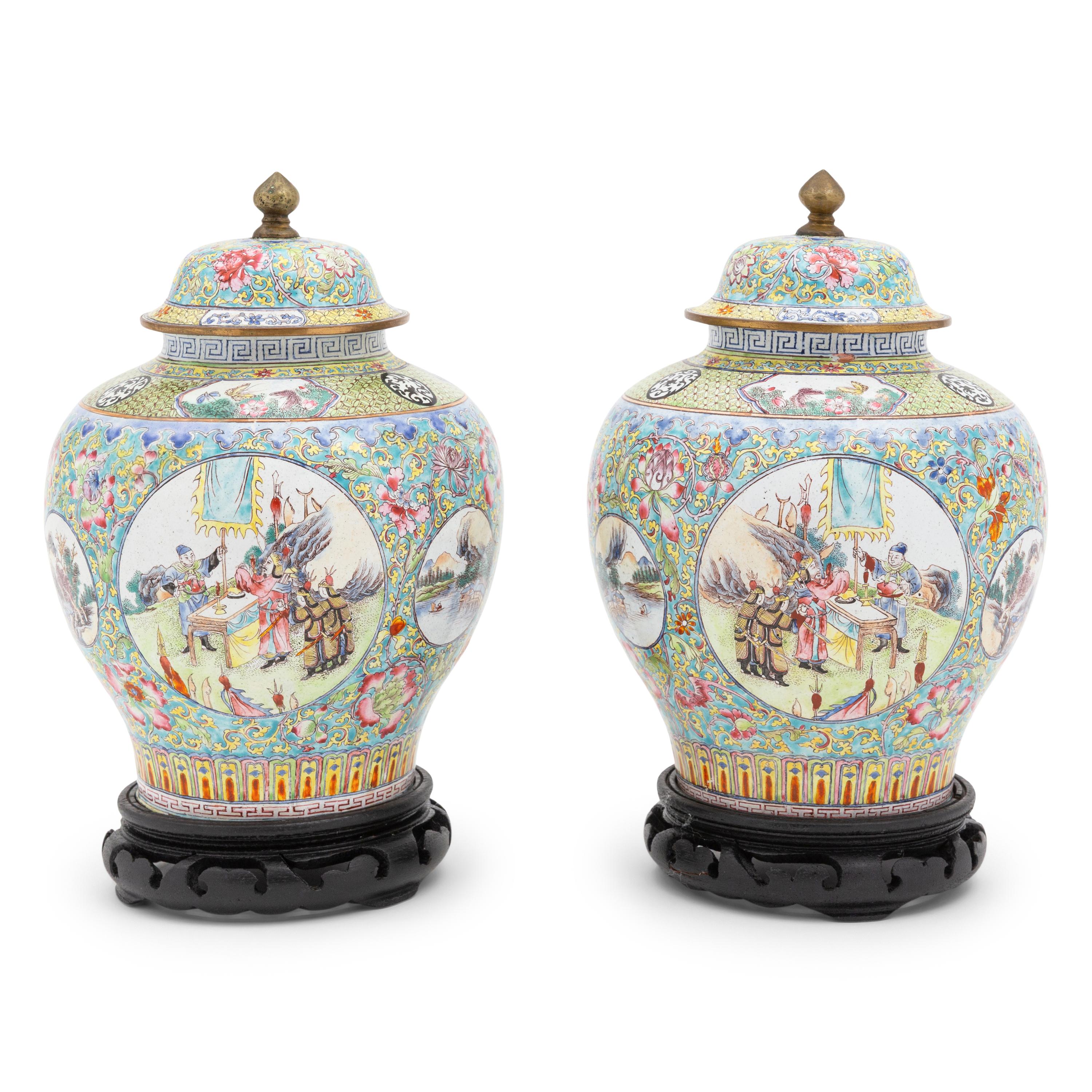 A Pair of Canton Enamel Jars and Covers