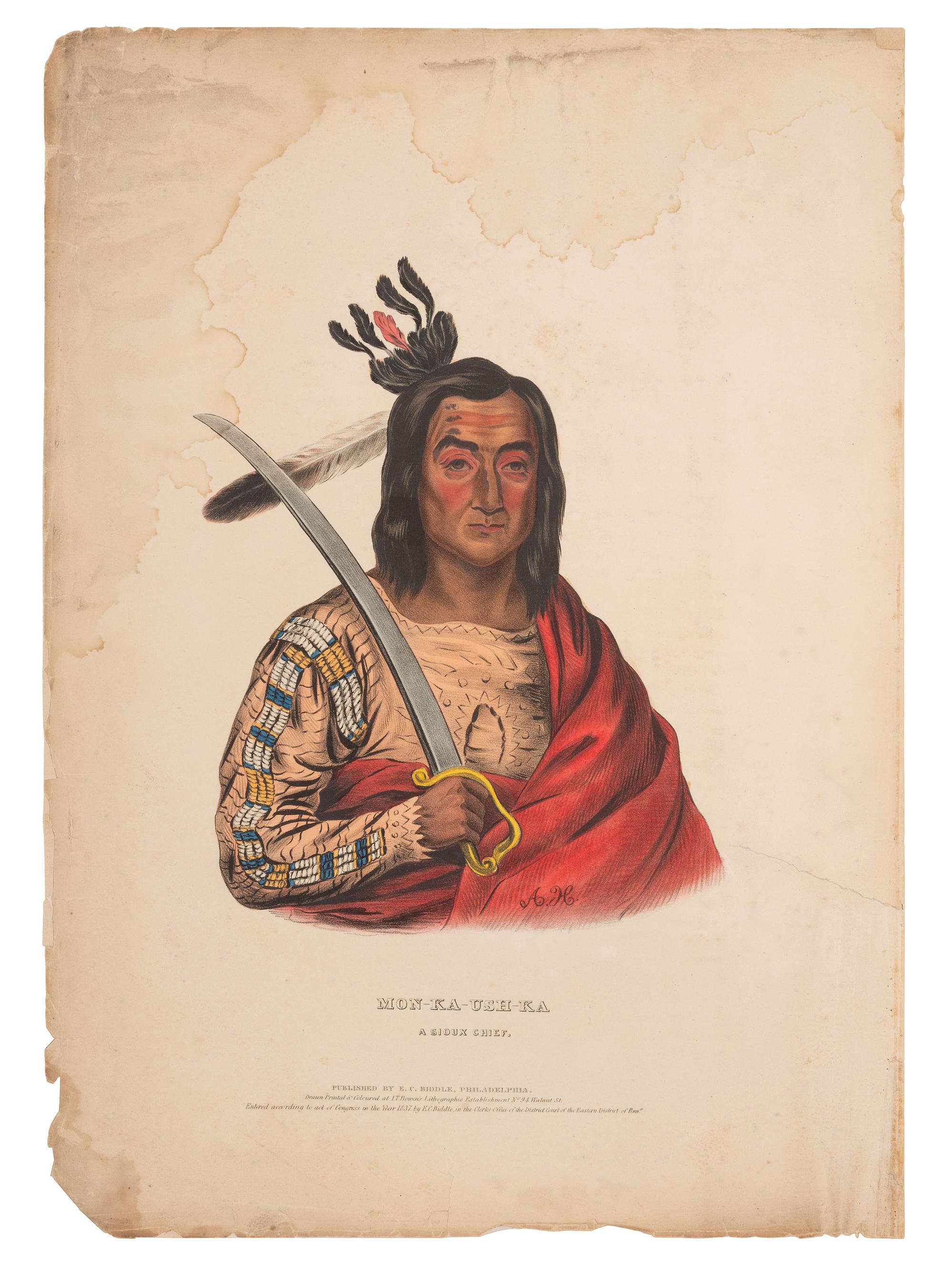 [McKENNEY & HALL]. A group of 3 large folio hand-colored lithographs of Sioux and Salish. 1836-1838.