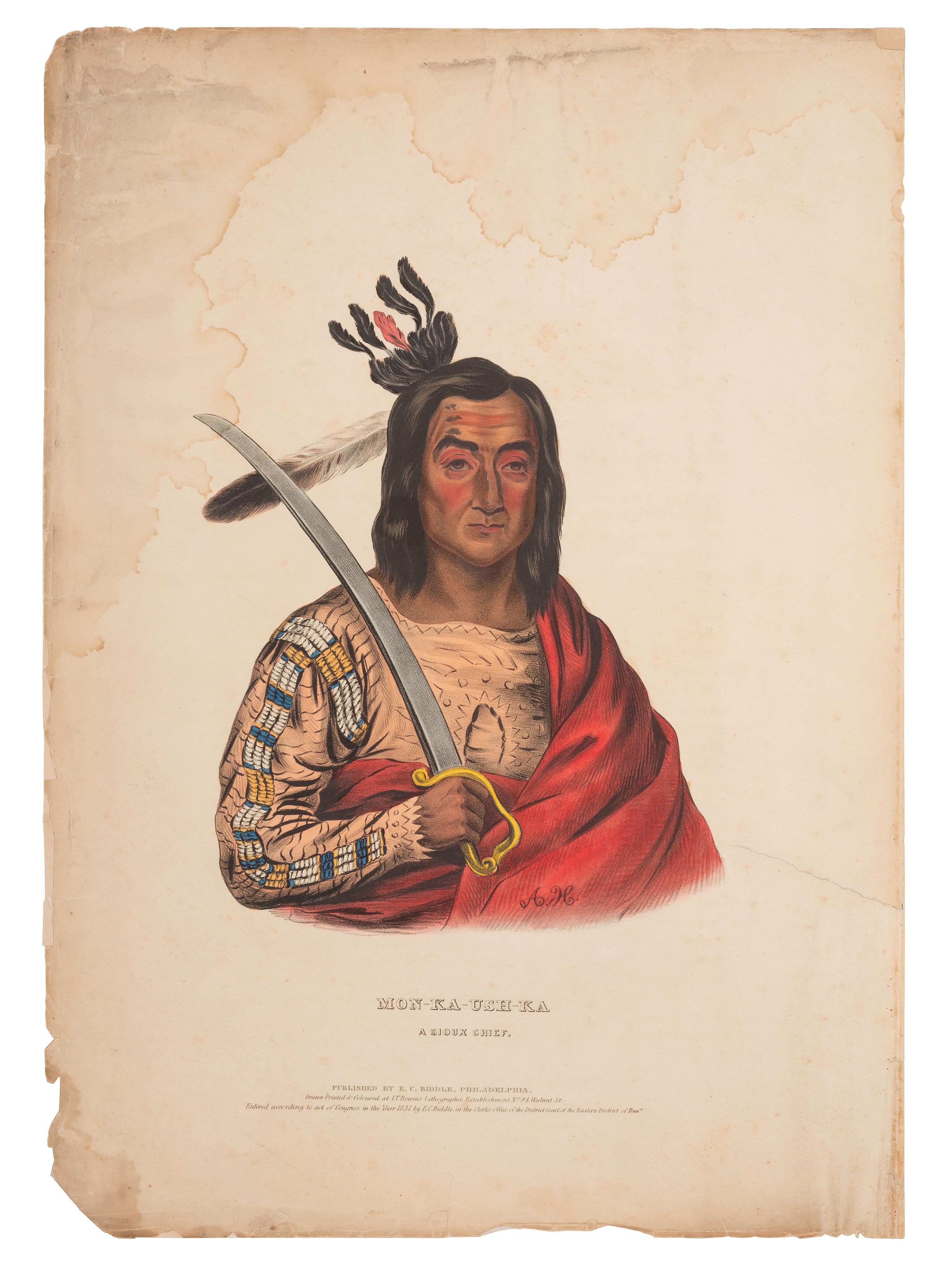 [McKENNEY & HALL]. A group of 3 large folio hand-colored lithographs of Sioux and Salish. 1836-1838.