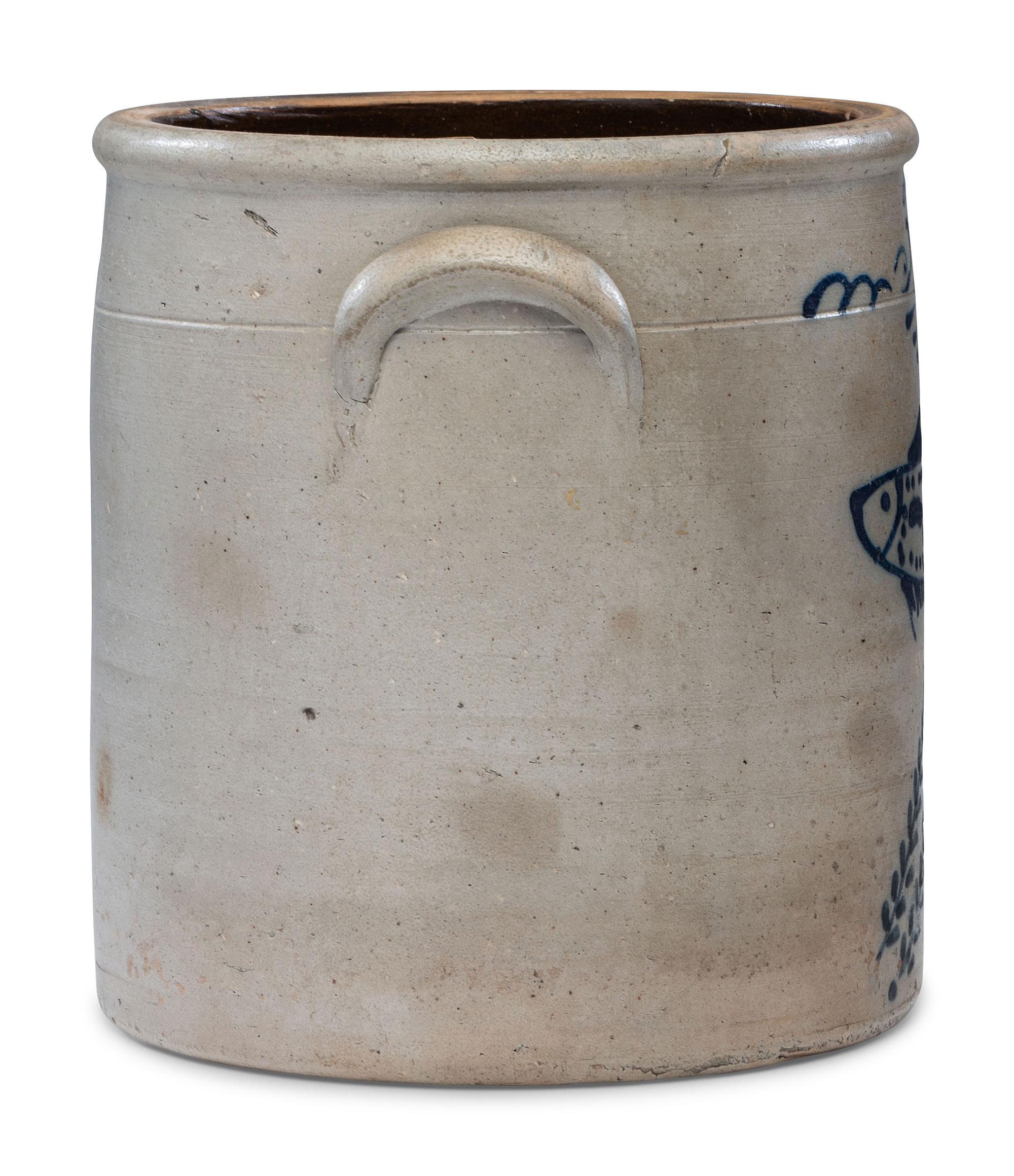 A P. H. Smith Three-Gallon Cobalt Decorated Stoneware 'Fish' Crock