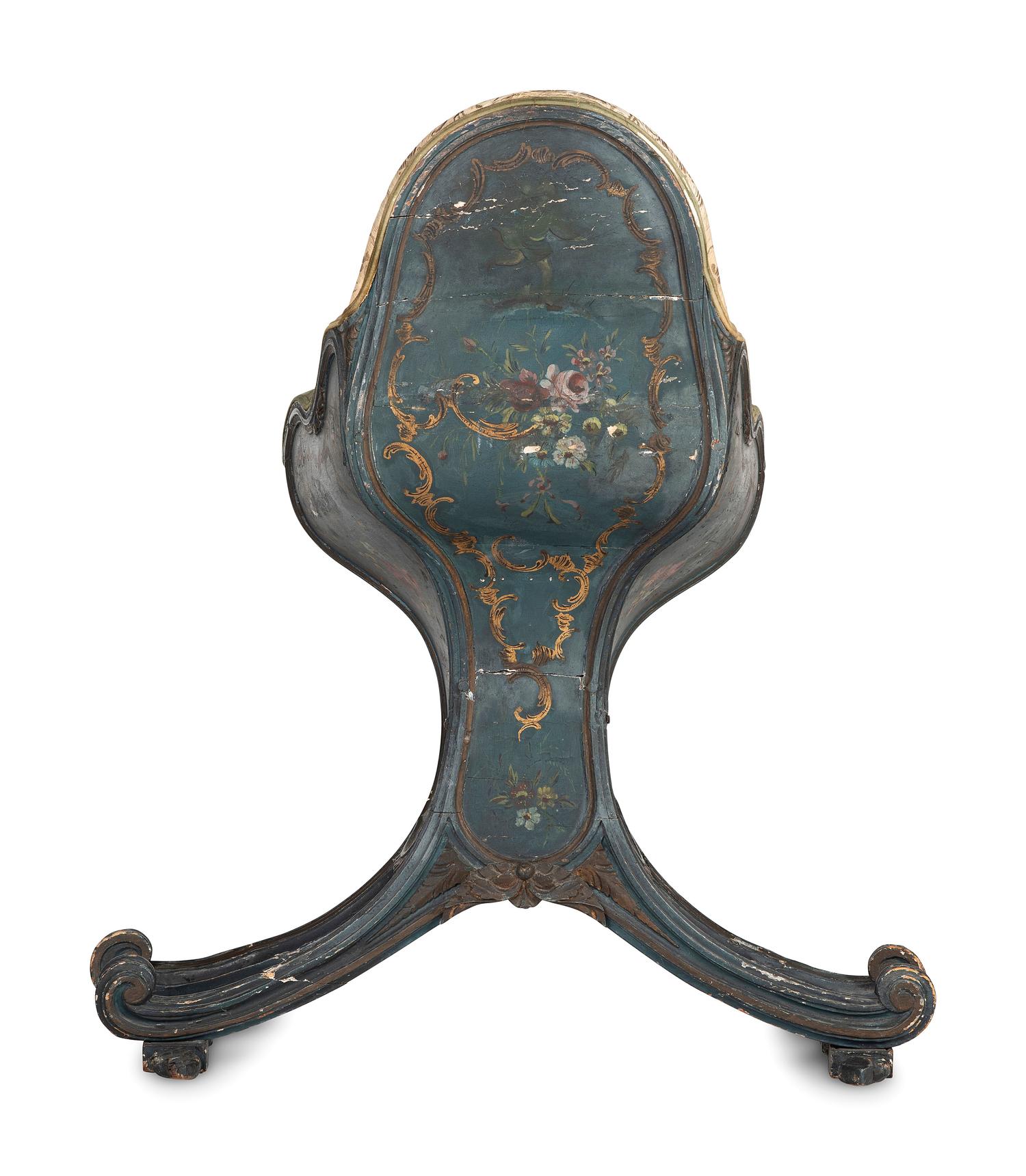 A Venetian Blue and Polychrome Decorated Parcel Gilt and Carved Wood Gondola Chair