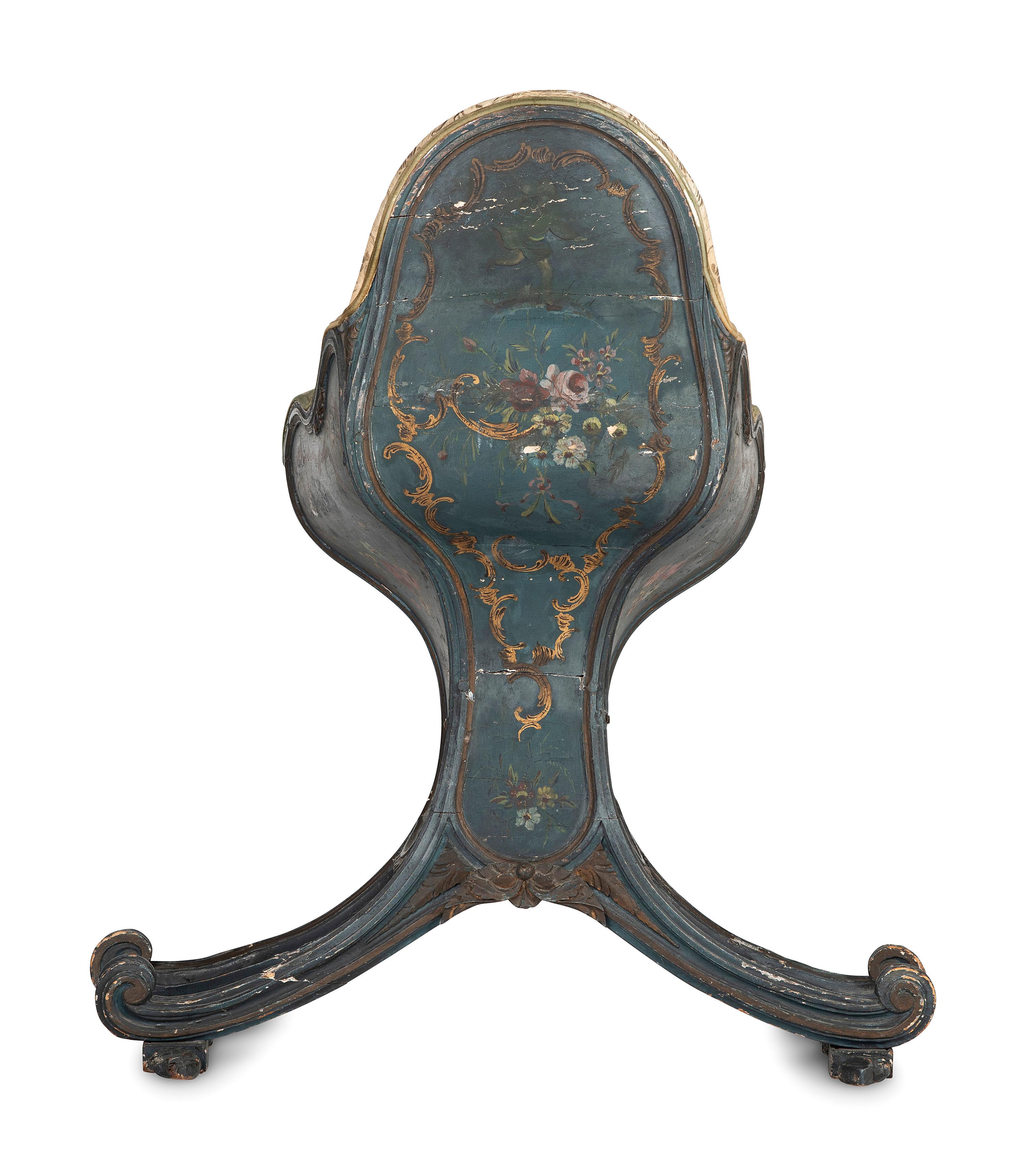 A Venetian Blue and Polychrome Decorated Parcel Gilt and Carved Wood Gondola Chair