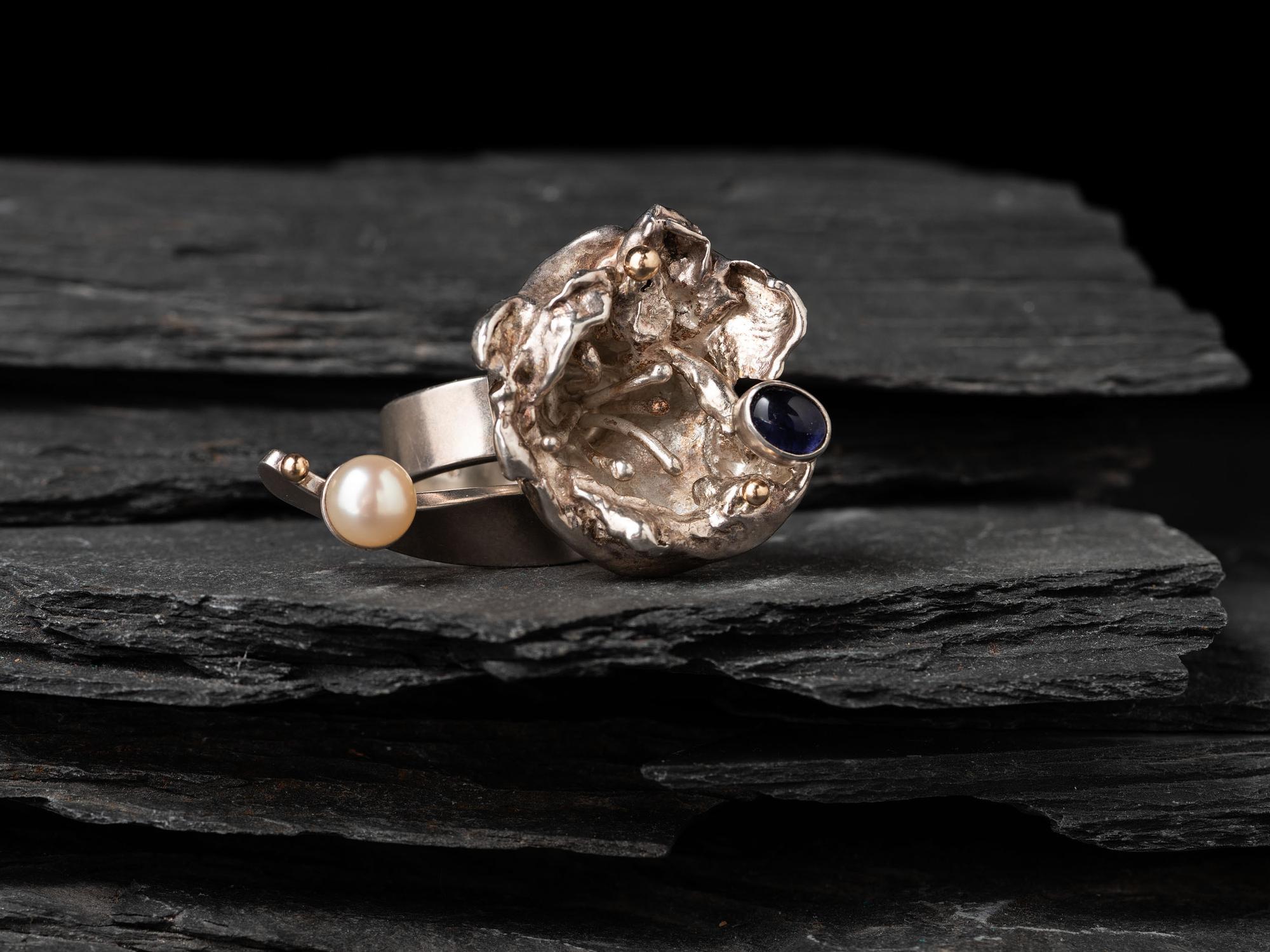 Sterling Silver Floral Ring, with Amethyst, Pearl and 14K Gold Accents