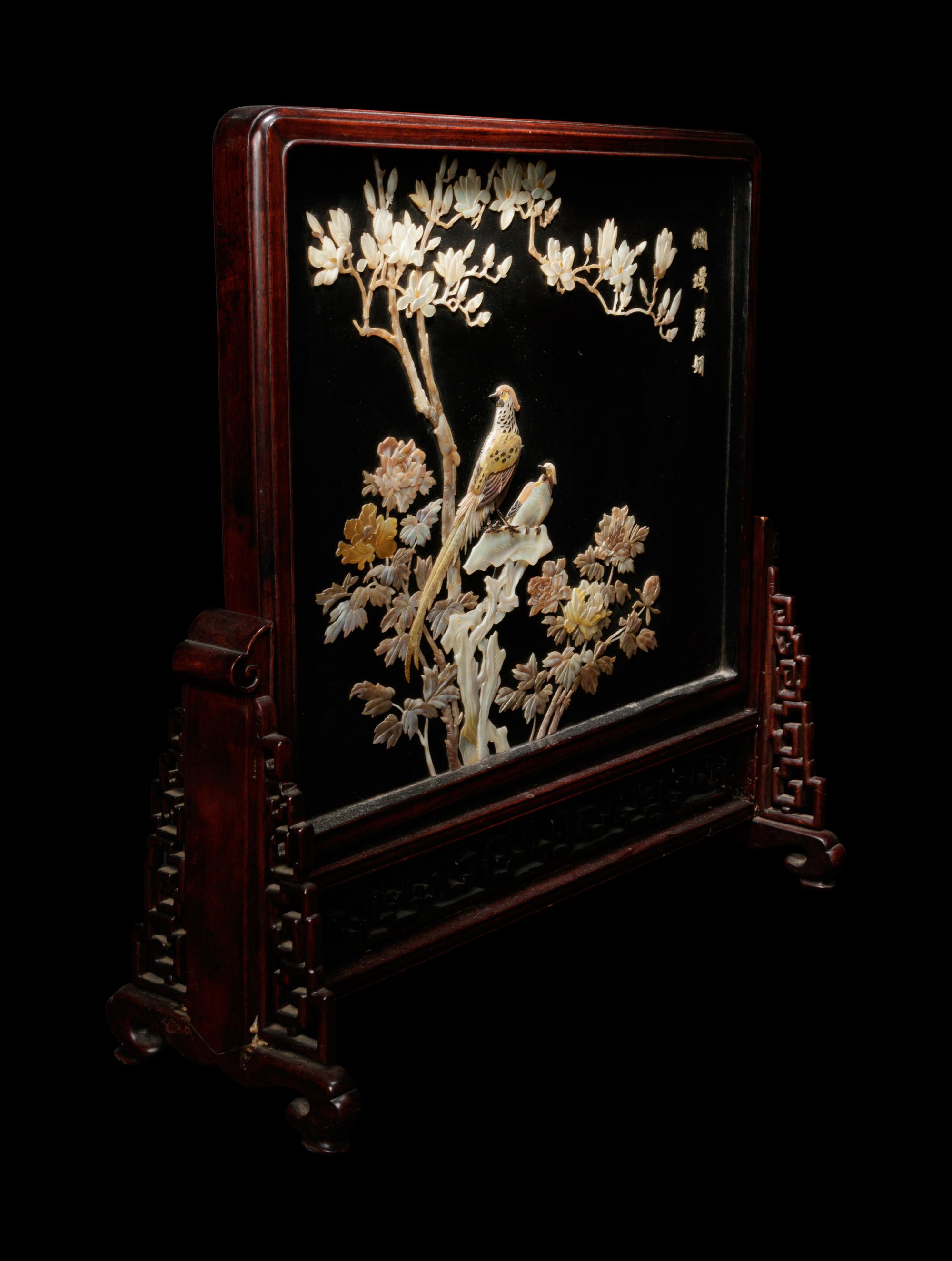 A Hardstone and Mother of Pearl Inlaid Table Screen