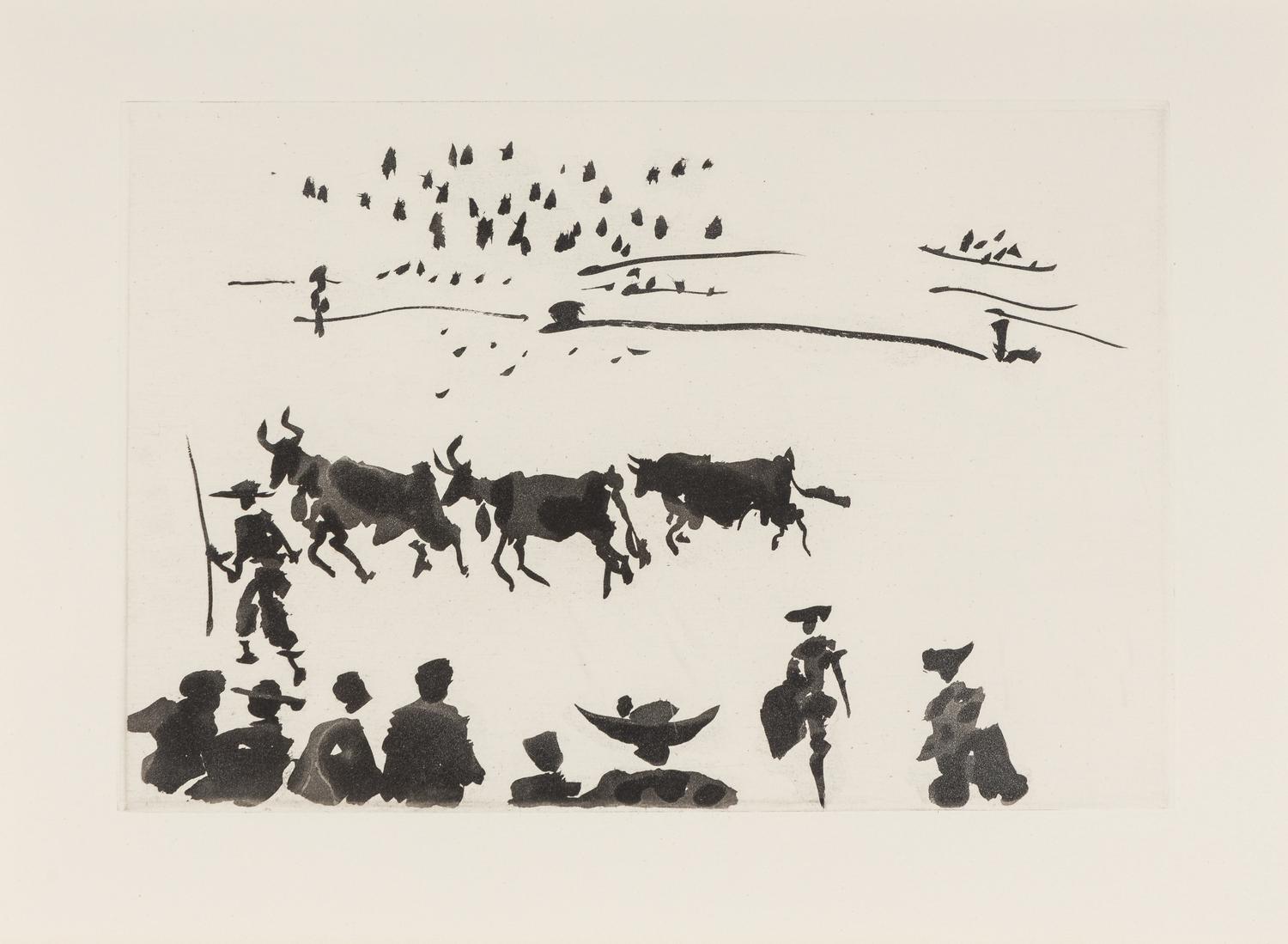 A pair of prints ( El Arrastre ; Los Cabestros retiran al Toro Manso ) from ' José Delgado: La Tauromaquia ', 1957
