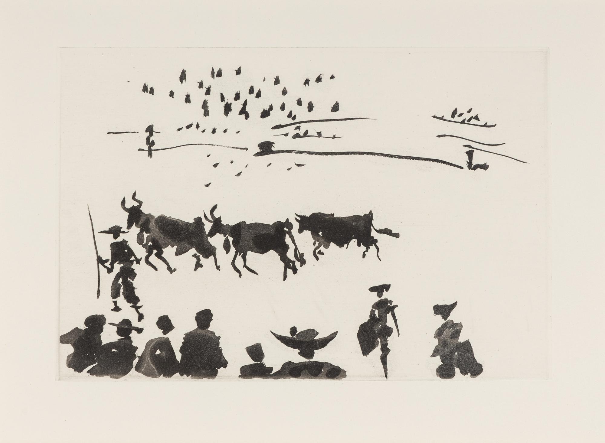 A pair of prints ( El Arrastre ; Los Cabestros retiran al Toro Manso ) from ' José Delgado: La Tauromaquia ', 1957
